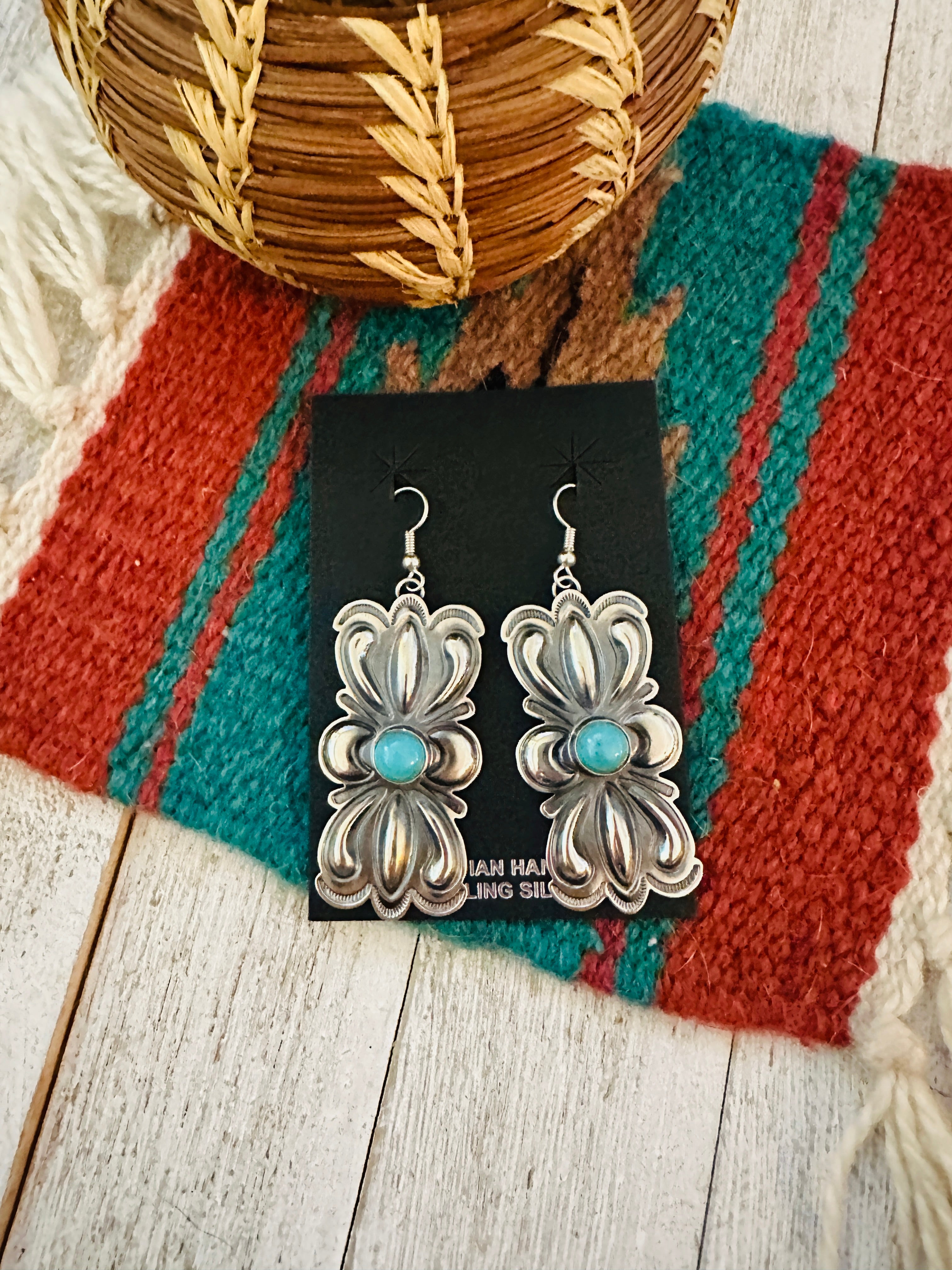 Navajo Hand Stamped Sterling Silver & Turquoise Concho Dangle Earrings