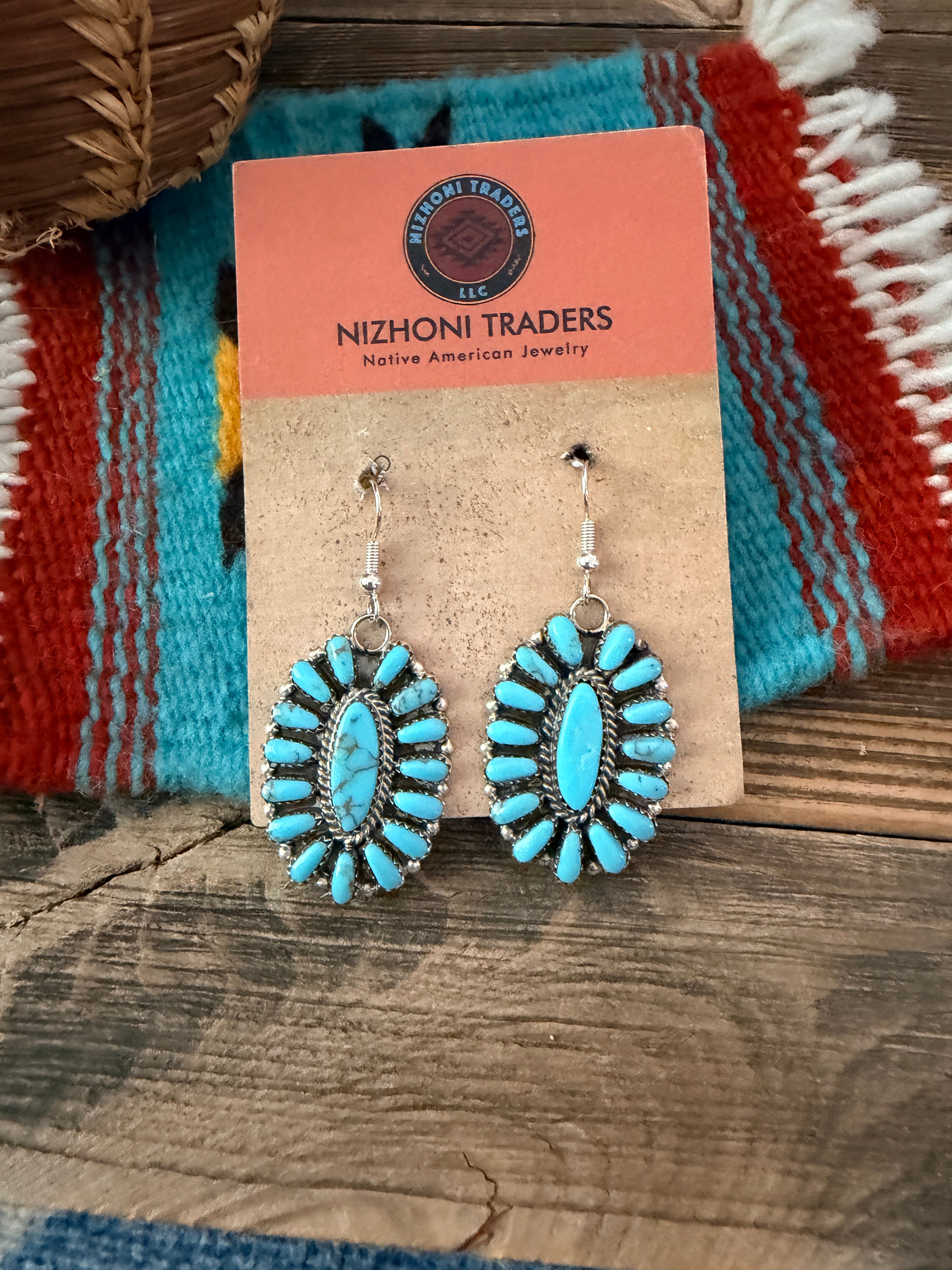 Old Pawn Handcrafted Sterling Silver & Turquoise Cluster Dangle Earrings