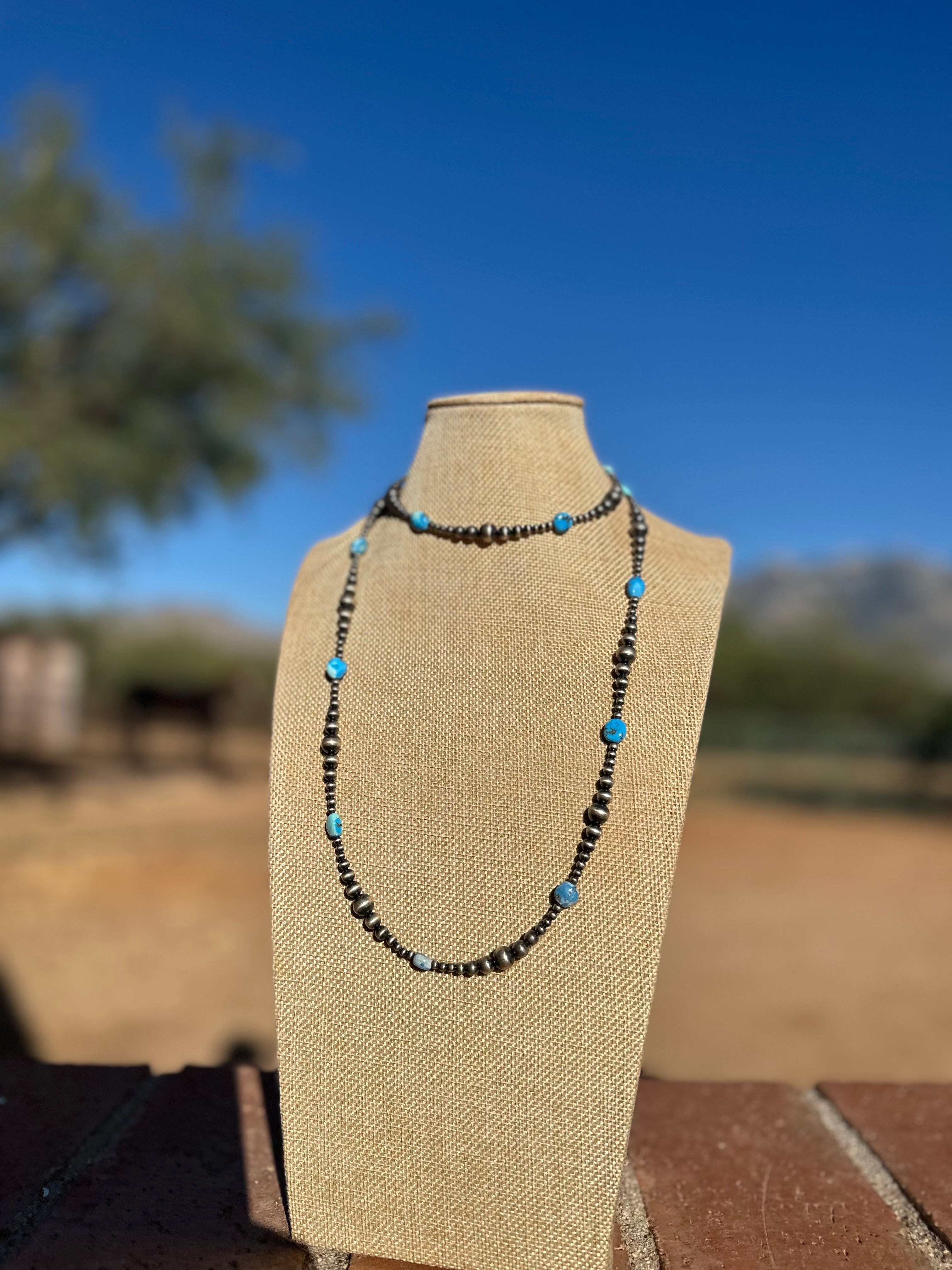 Handmade Golden Hills Turquoise & Sterling Silver Beaded Necklace