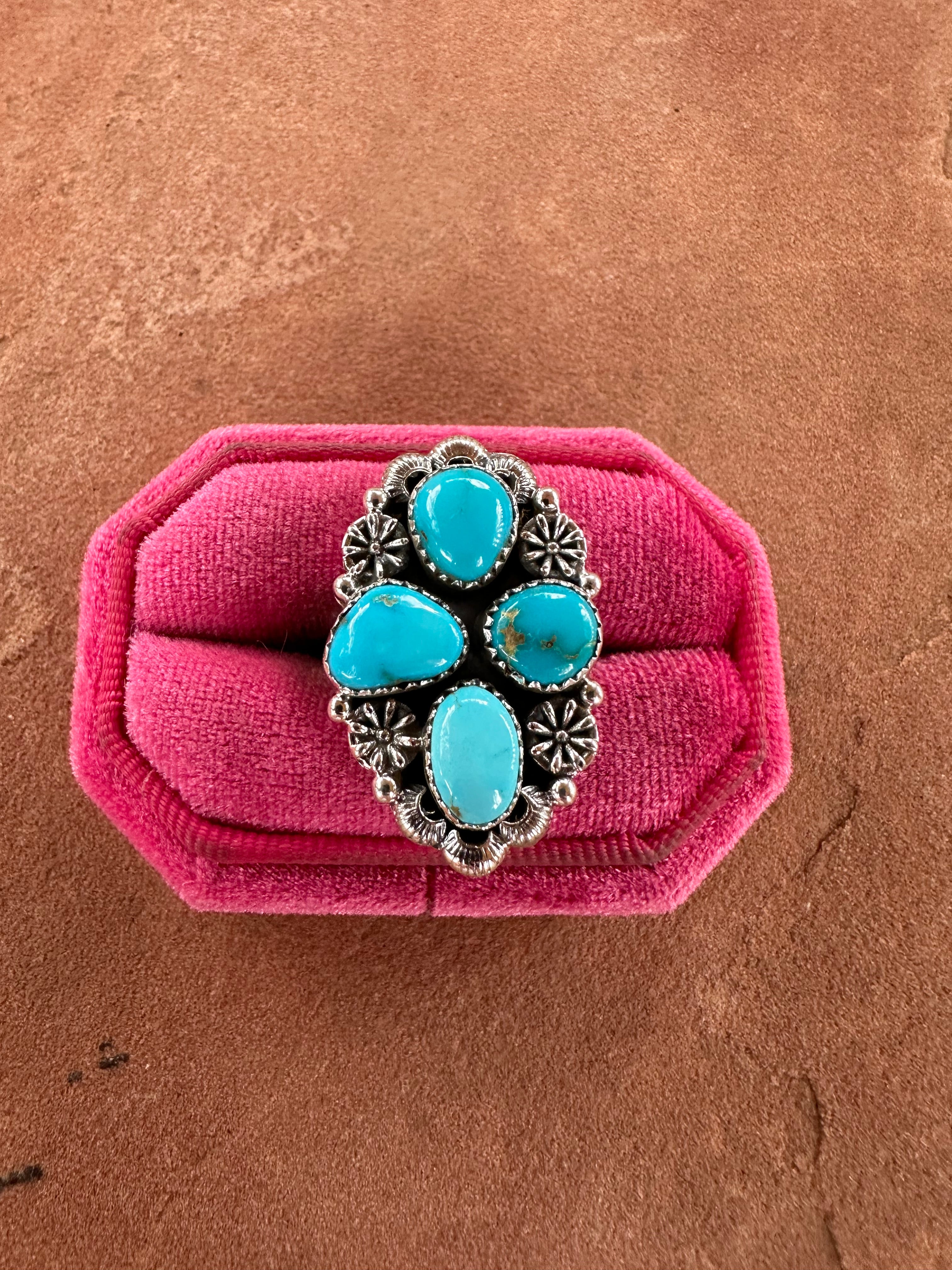 Handmade Turquoise & Sterling Silver Adjustable 4 Stone Ring