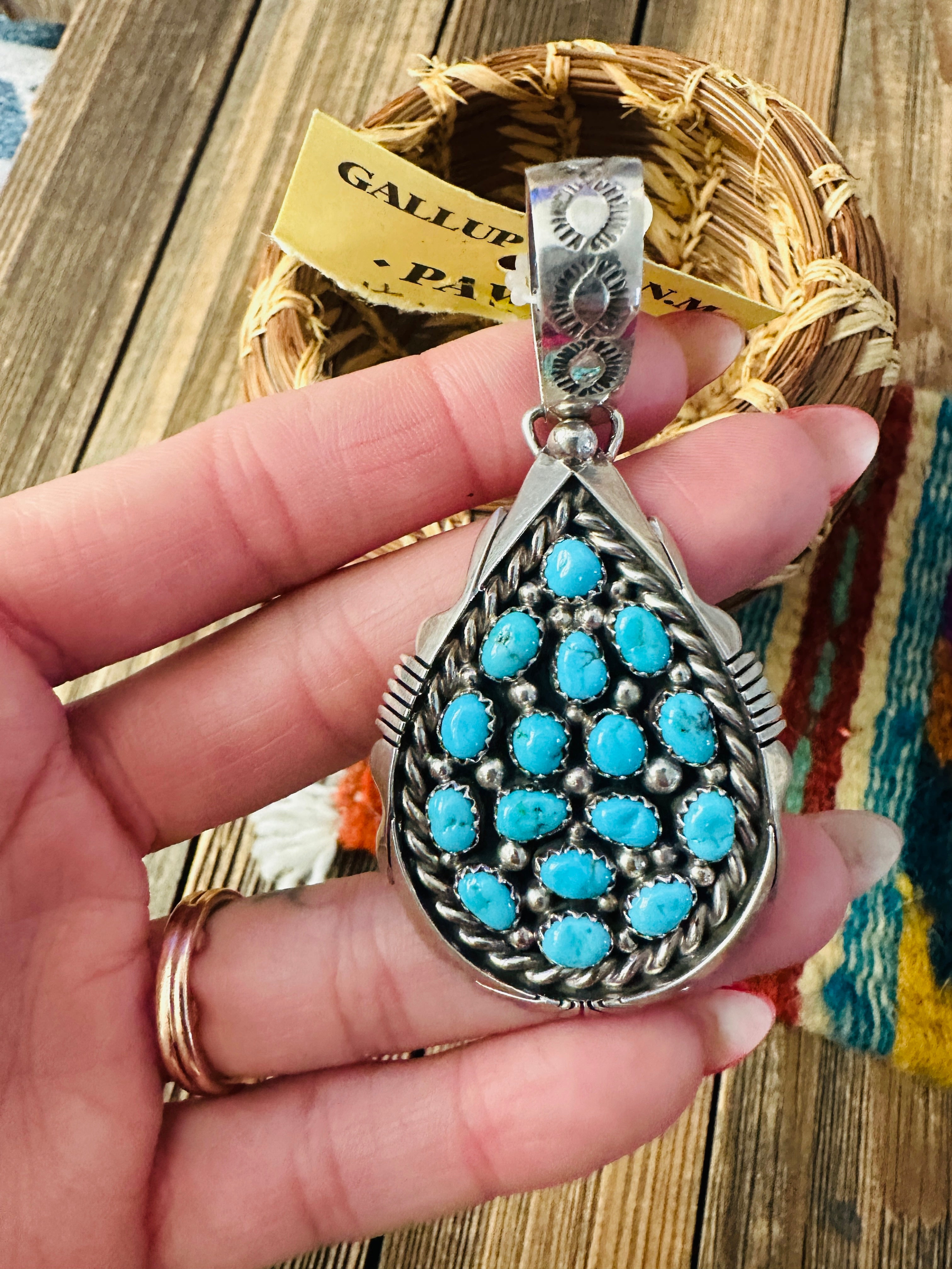 Old Pawn Handcrafted Turquoise and Sterling Silver Cluster Pendant