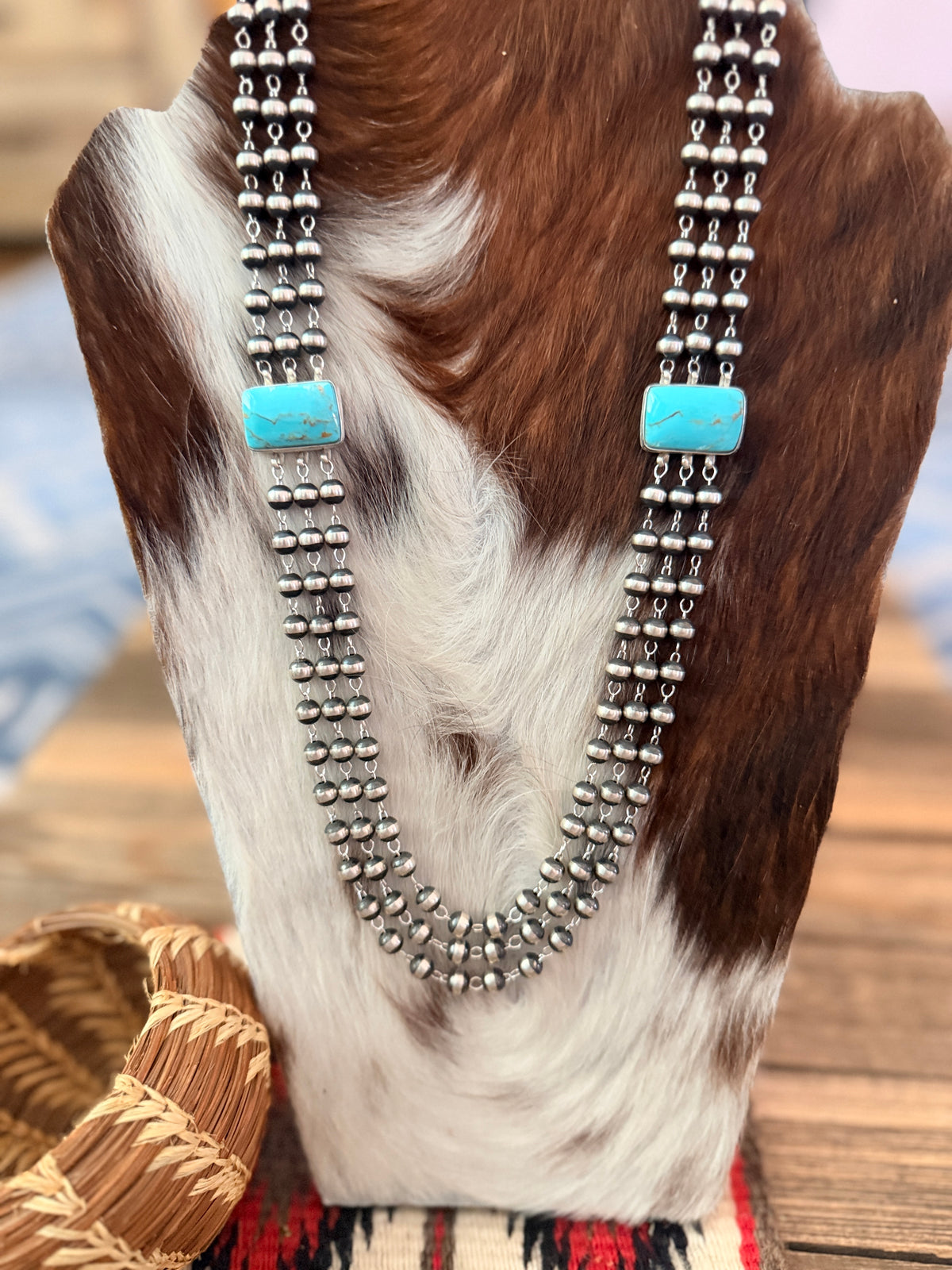 Handcrafted Turquoise & Sterling Silver Pearl Triple-Strand Beaded Necklace