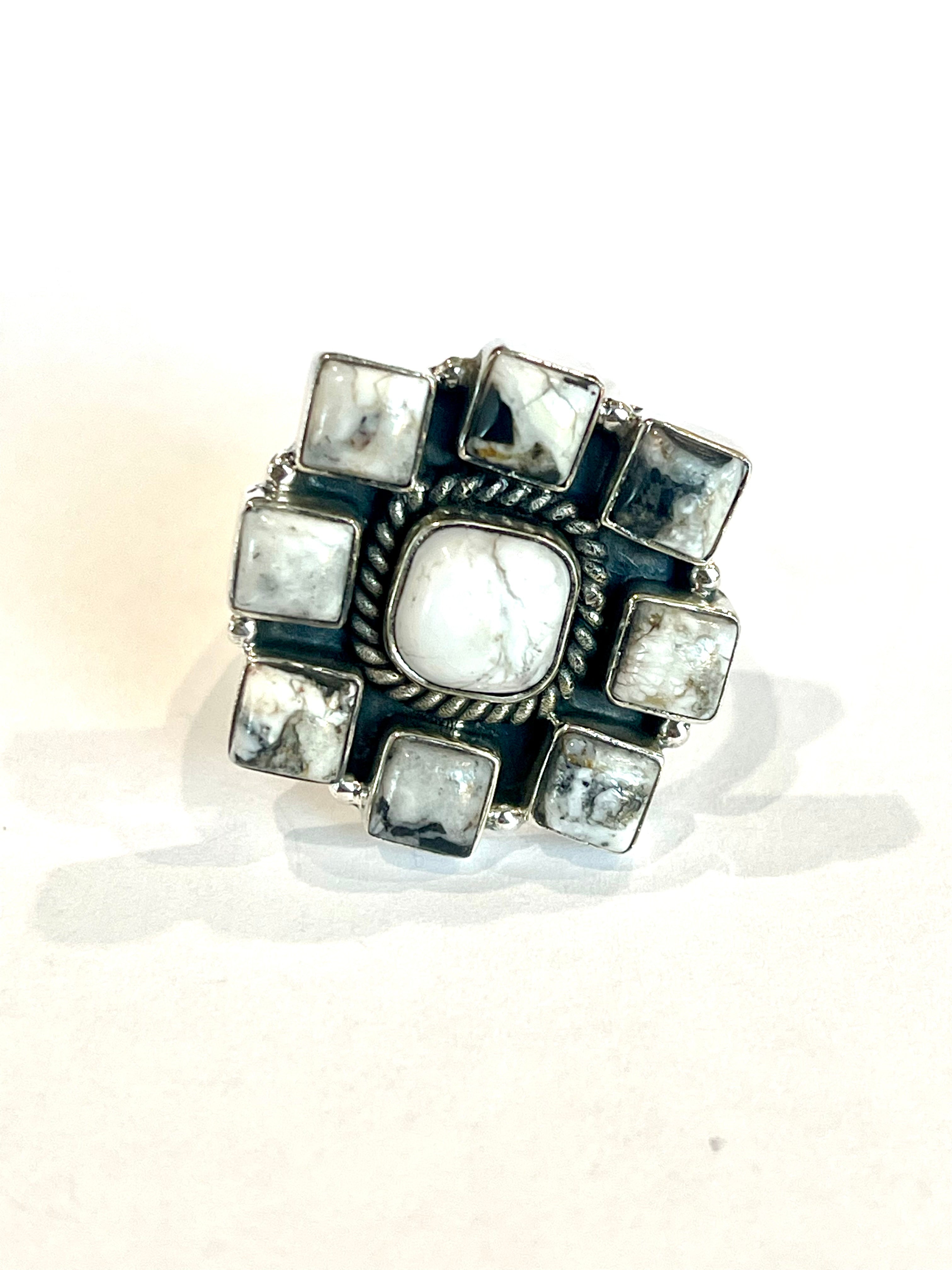 Beautiful Handmade White Buffalo And Sterling Silver Adjustable Cluster Ring