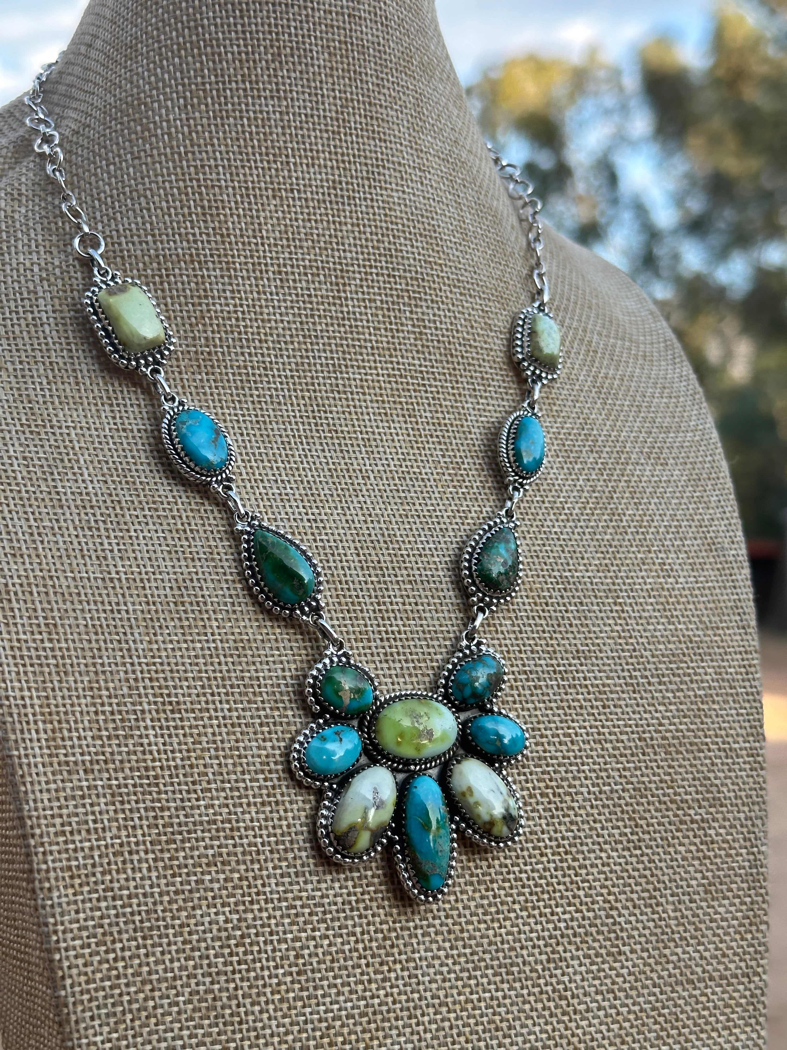 Beautiful Handmade Sterling Silver & South Hills Sonoran & Palomino Turquoise  Necklace