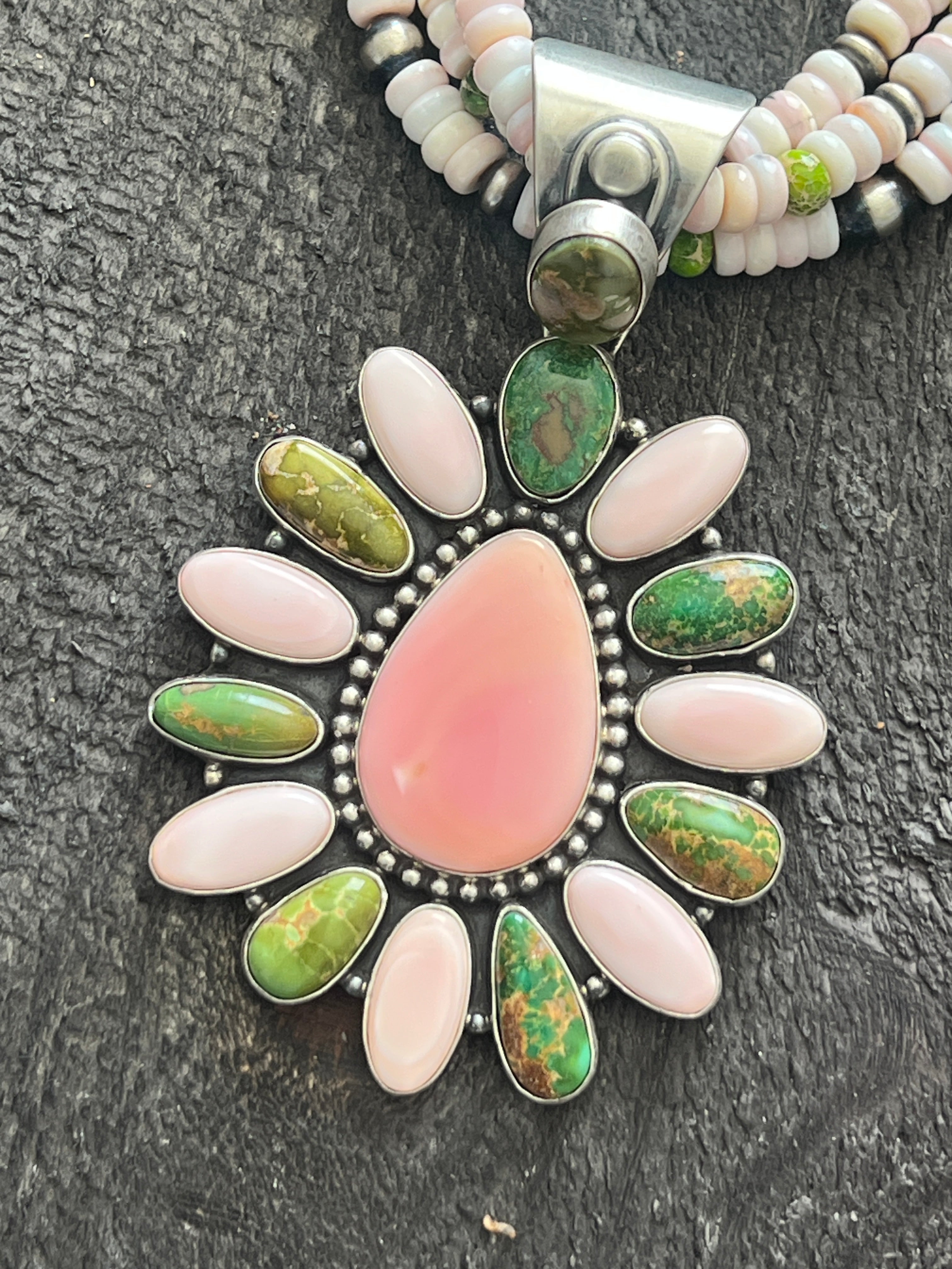 Handcrafted Sonoran Gold Turquoise, Sterling Silver and Pink Conch Cluster Pendant w/ Beaded Multistrand Necklace by Patrick Yazzie