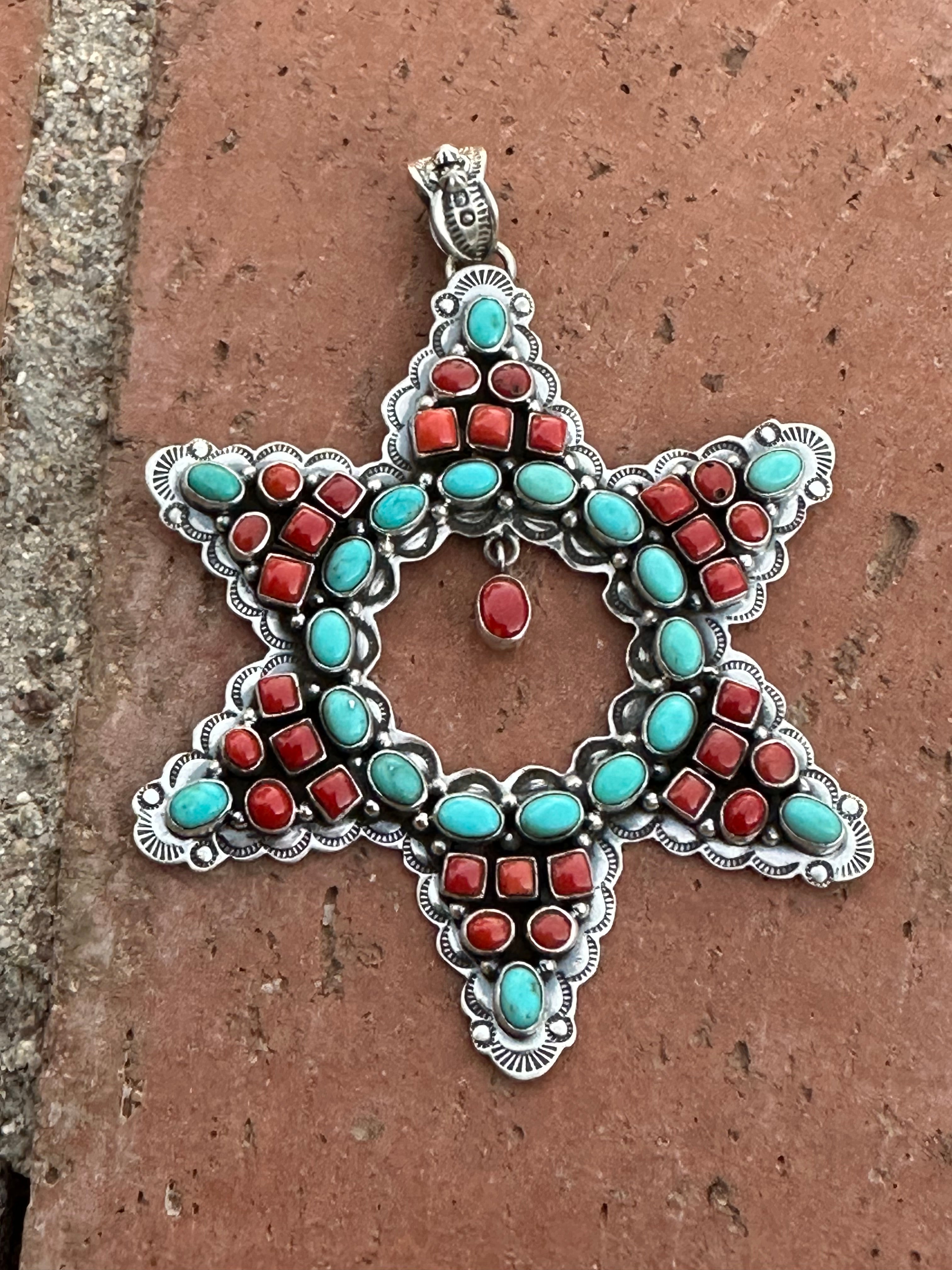 Handmade Sterling Silver, Turquoise & Coral Christmas Star Pendant