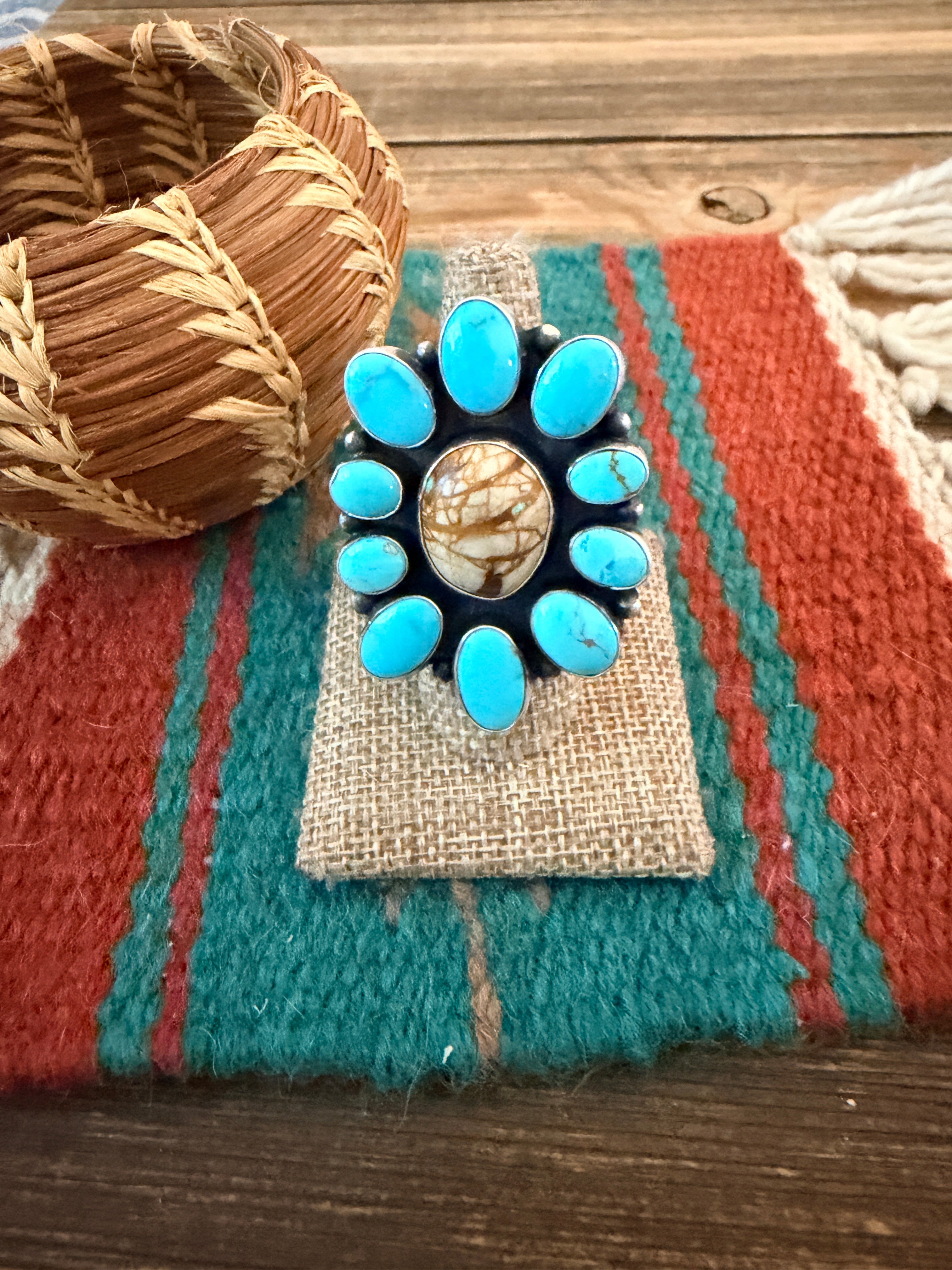 Handcrafted Multi Turquoise & Sterling Silver Ring Size 7.75 by Ella Peter