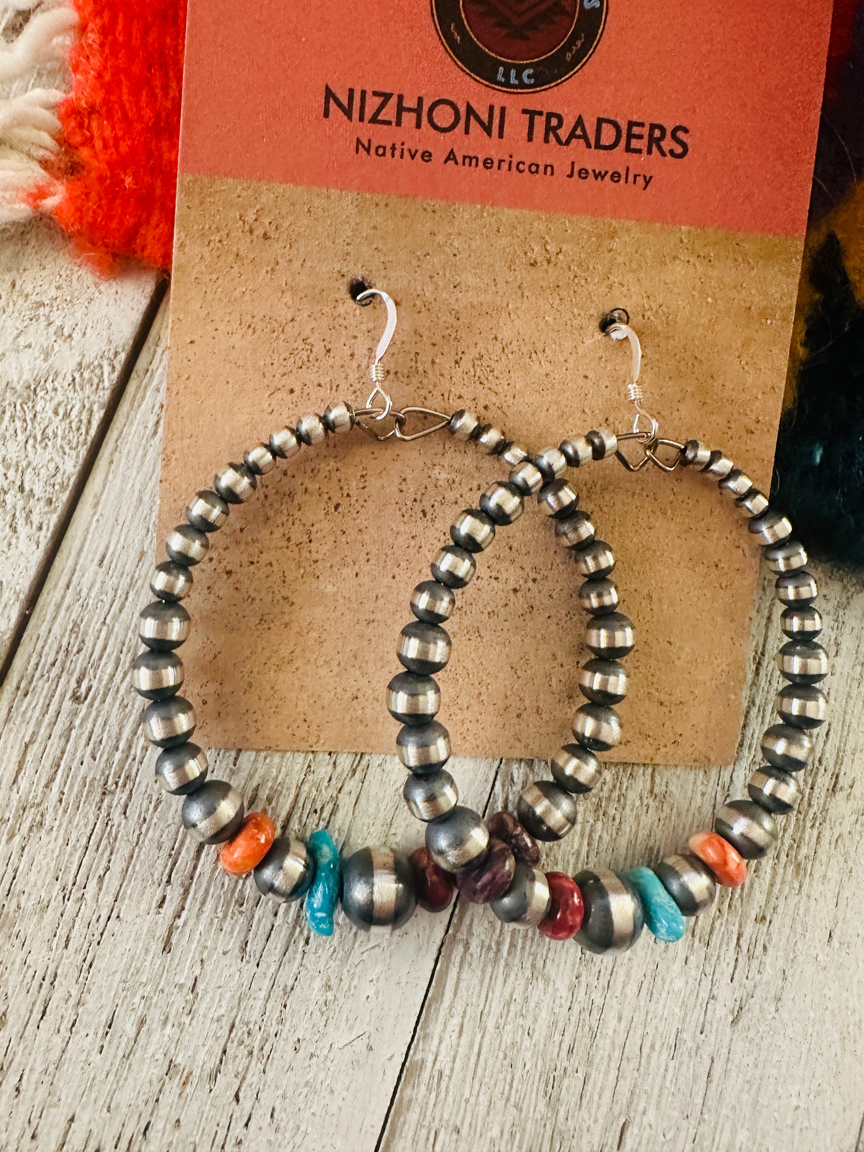 Navajo Multi Stone & Sterling Silver Pearl Dangle Hoop Earrings