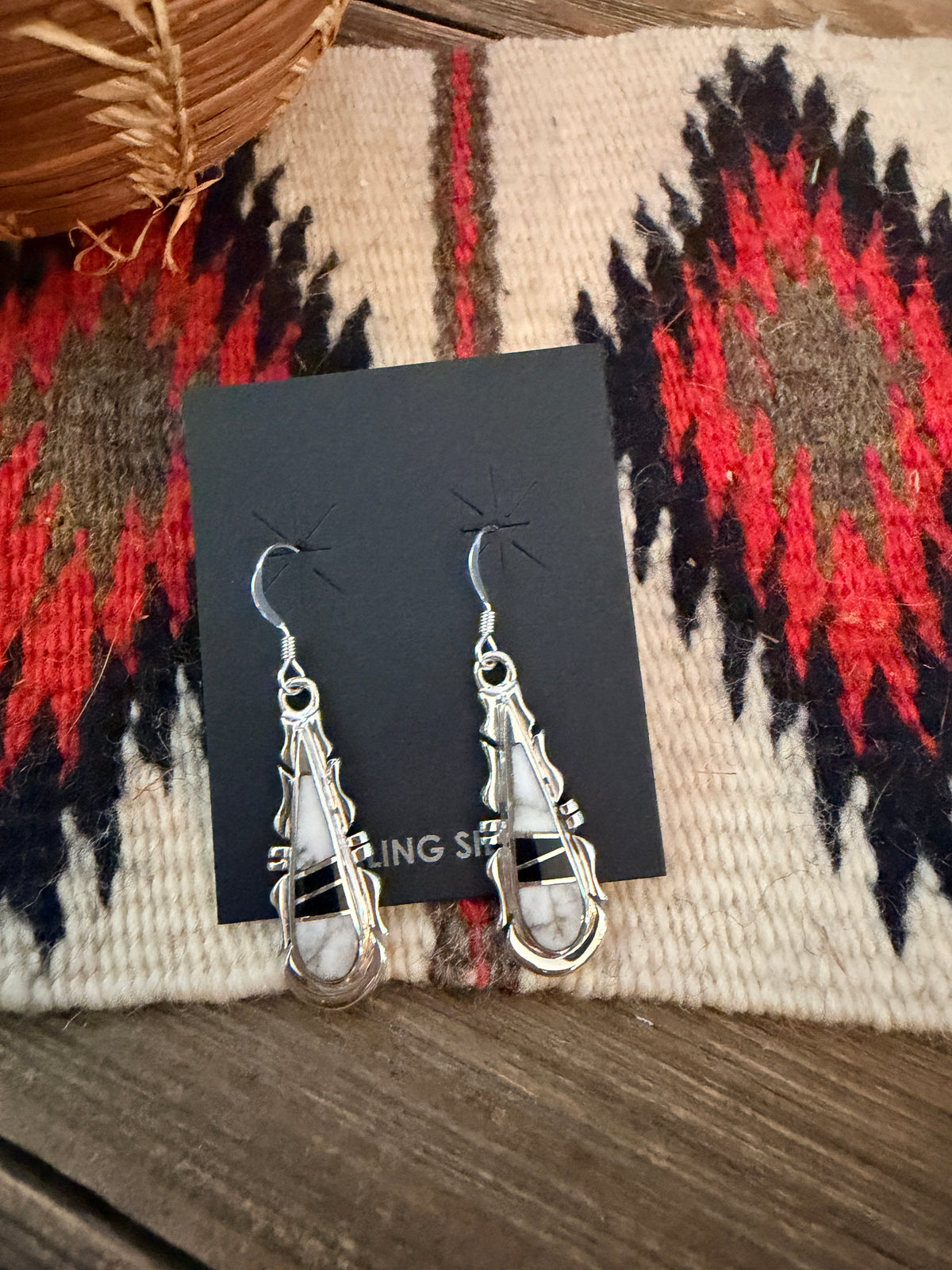 Handcrafted White Buffalo, Onyx & Sterling Silver Inlay Dangle Earrings