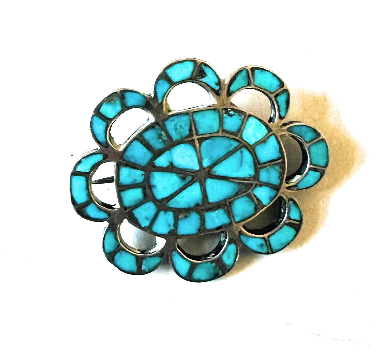 Vintage Zuni Turquoise & Sterling Silver Inlay Brooch