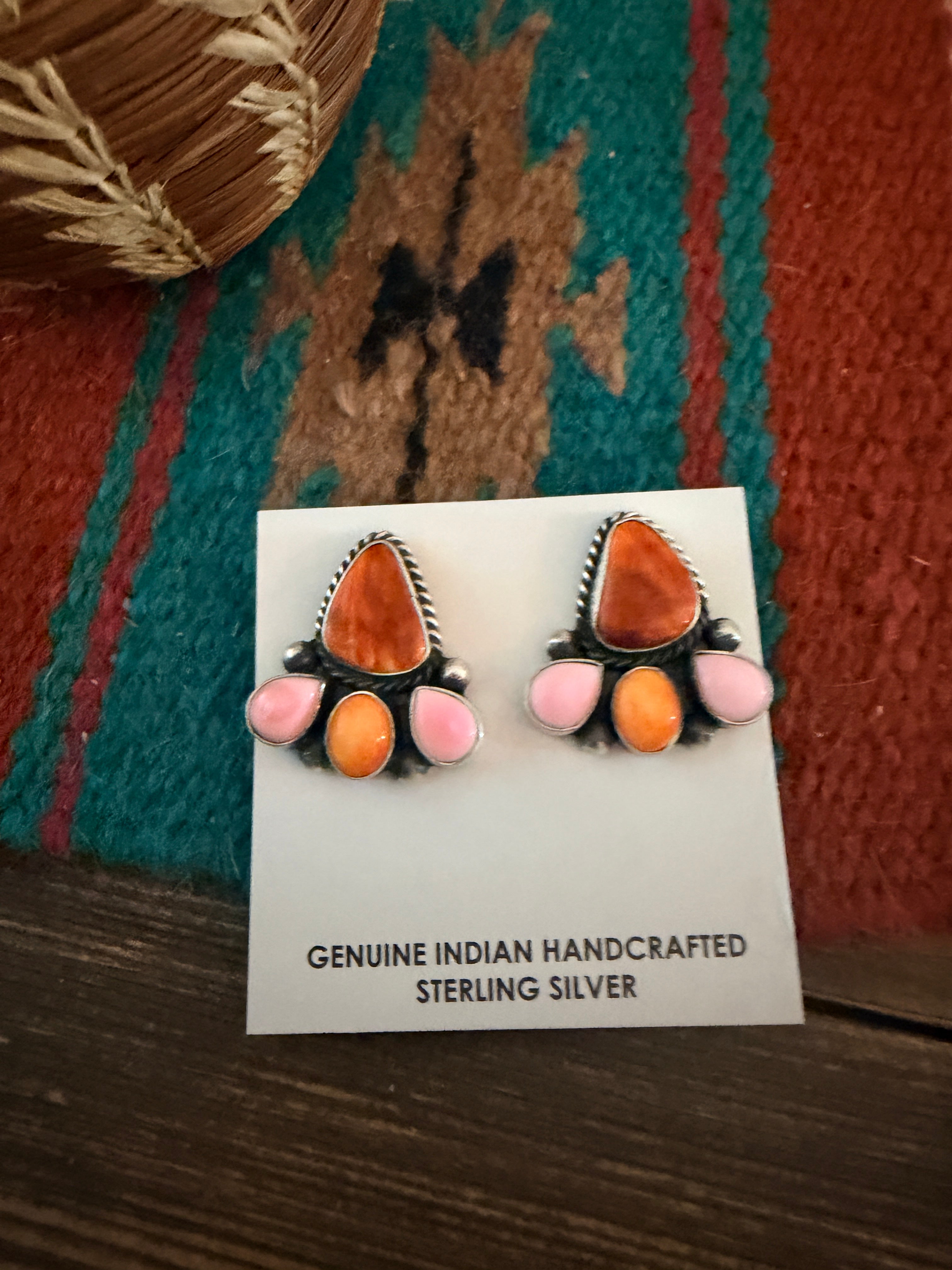 Handcrafted Spiny Oyster, Queen Pink Conch & Sterling Silver Post Earrings by Hiram Largo