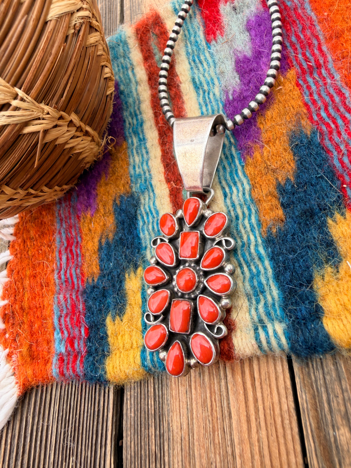 Old Pawn Handcrafted Coral and Sterling Silver Cluster Pendant by Emma Lincoln