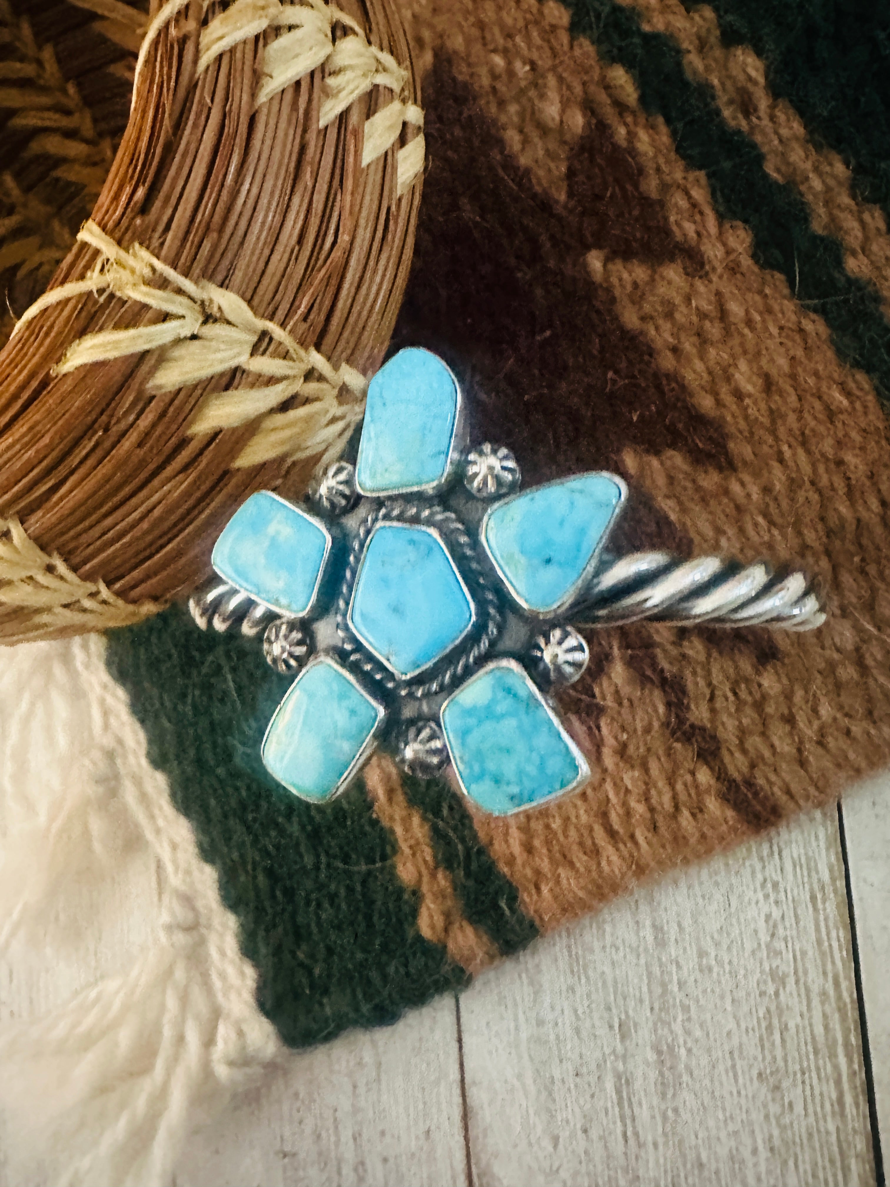 Navajo Kingman Turquoise & Sterling Silver Cluster Cuff Bracelet