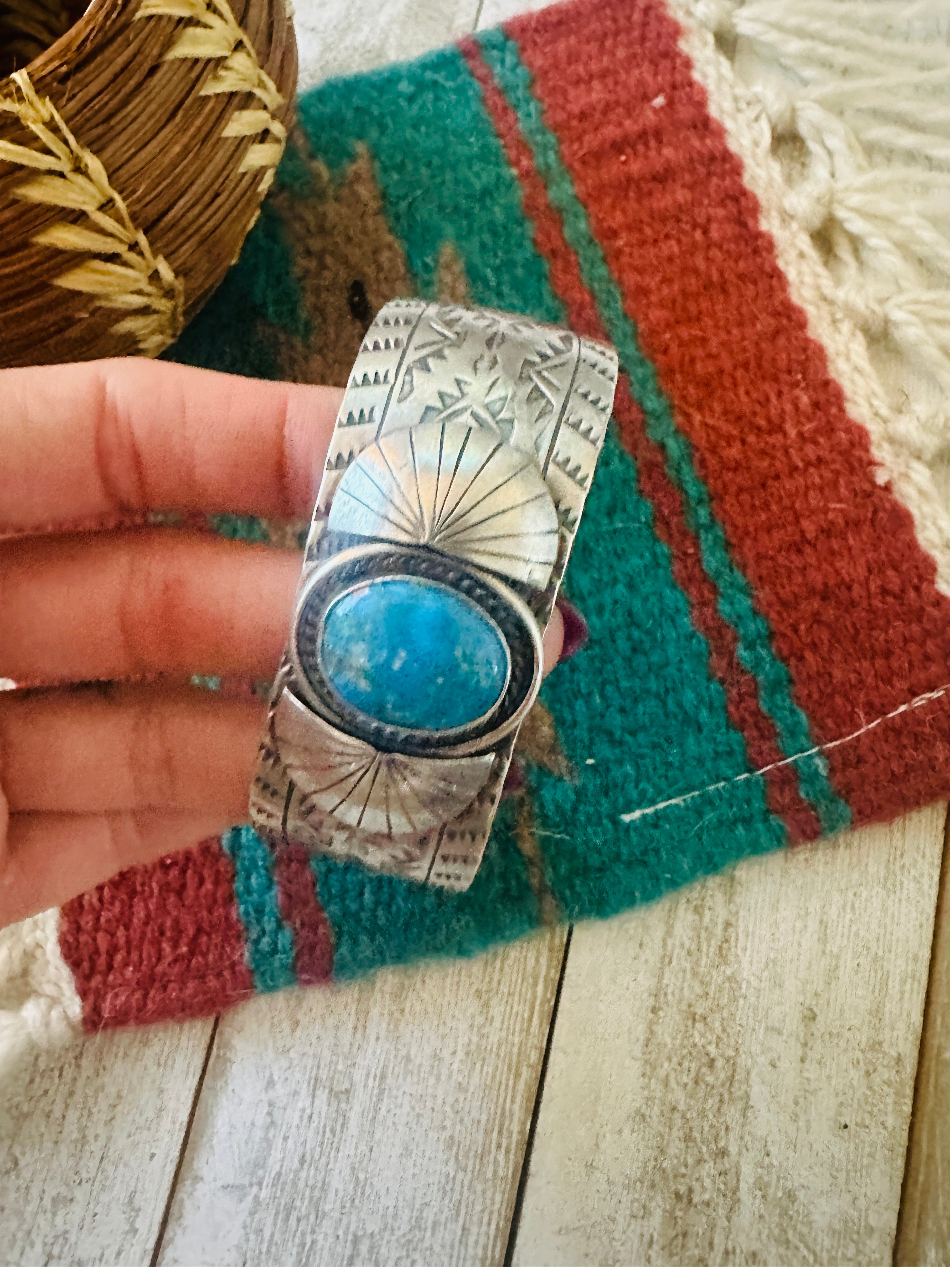 Navajo Hand Stamped Sterling Silver & Turquoise Cuff Bracelet