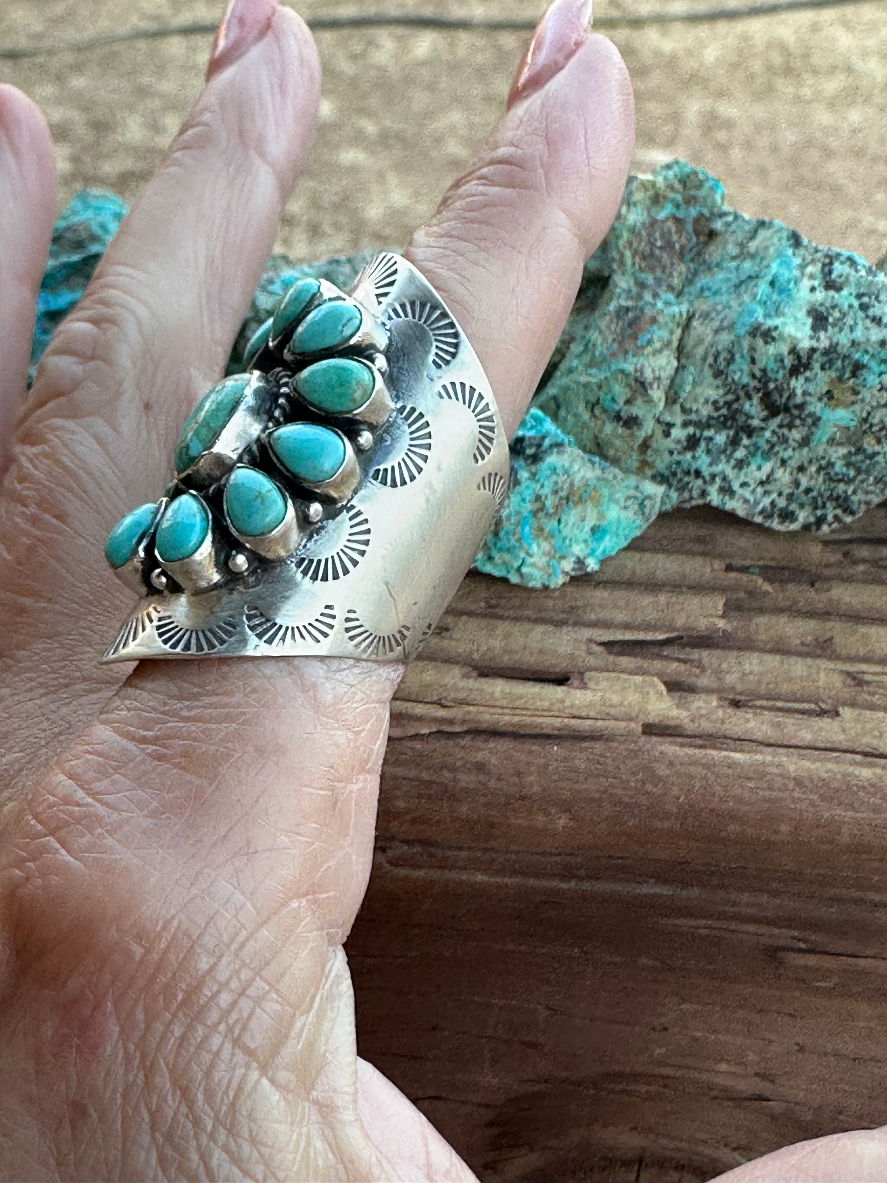 Handmade Emerald Valley Turquoise Cluster & Sterling Silver Cigar Band adjustable Ring