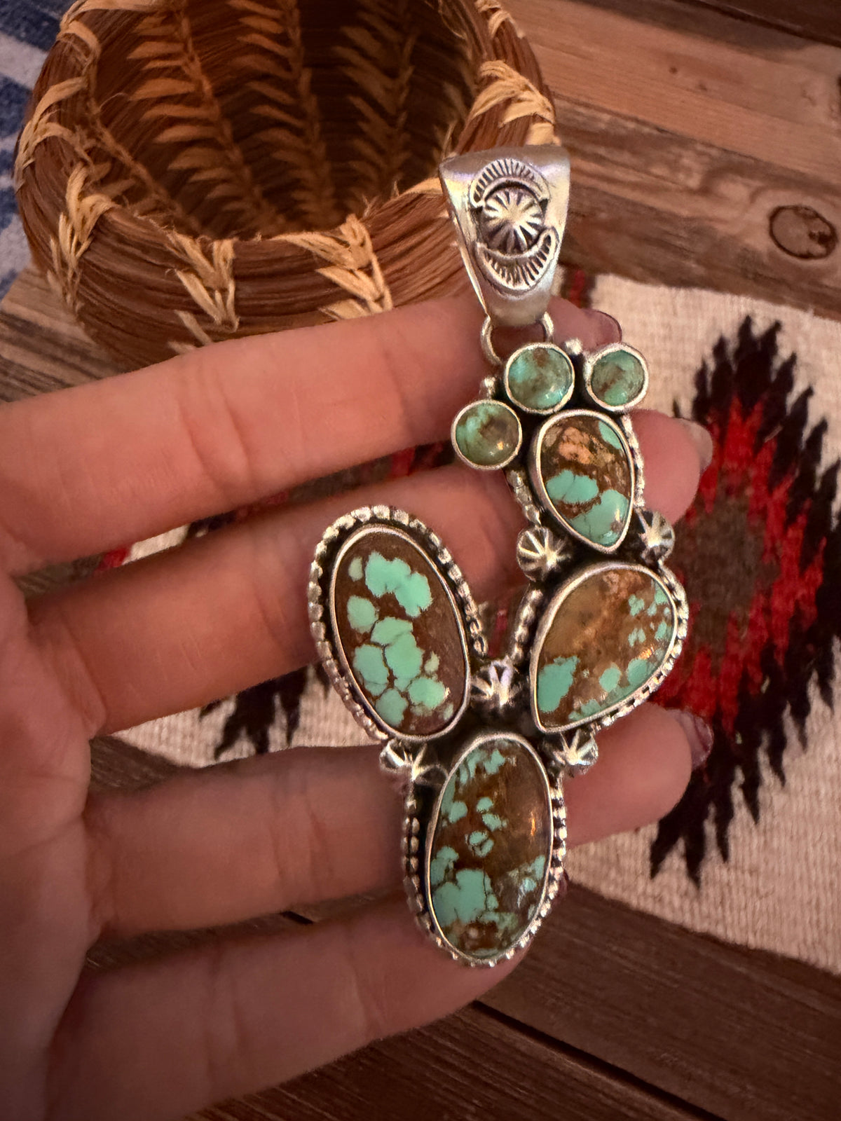 Handcrafted Sterling Silver & Number 8 Turquoise Cactus Pendant by Larry Kaye