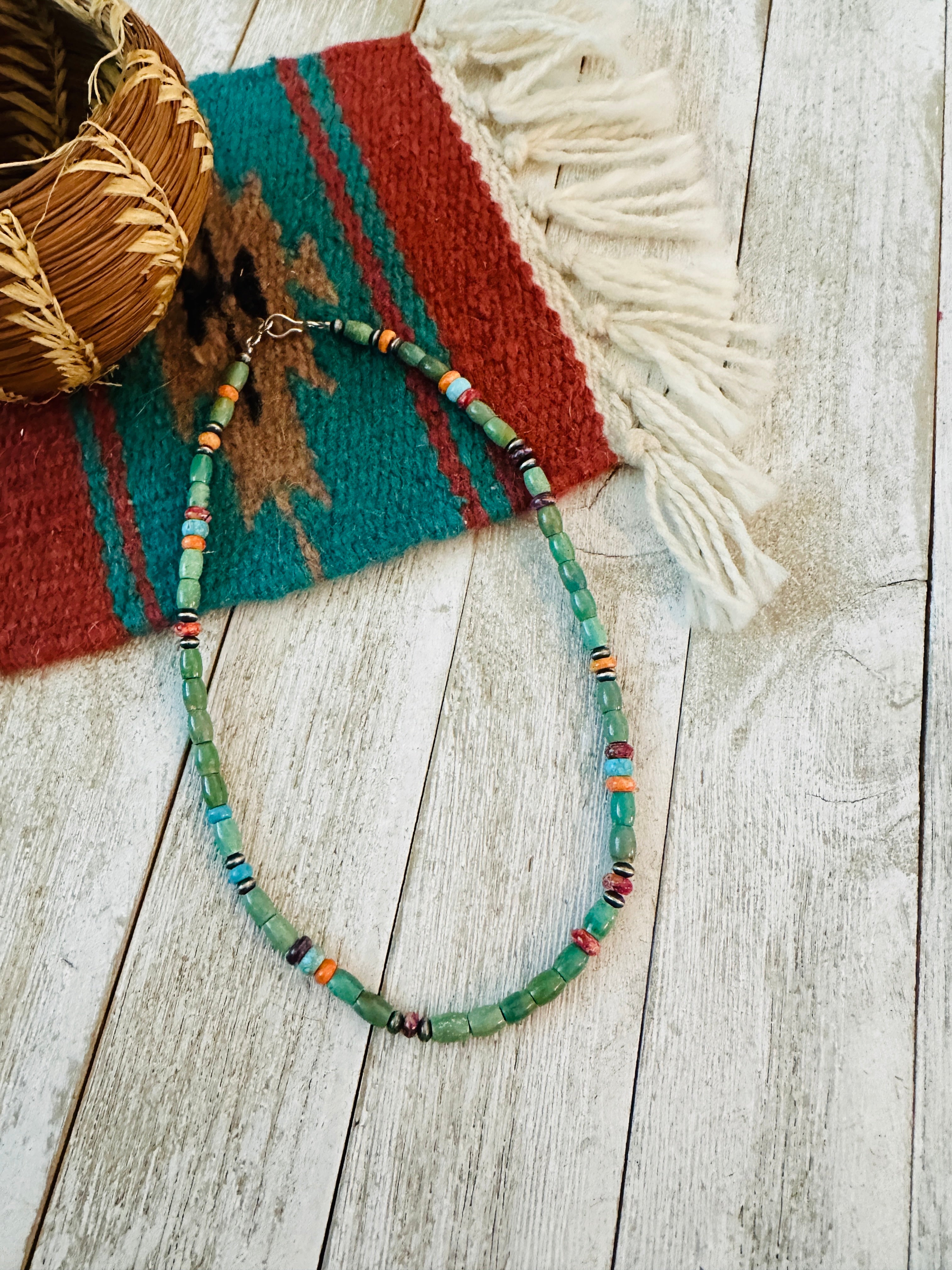 Handcrafted Turquoise, Spiny & Sterling Silver 16” Beaded Necklace