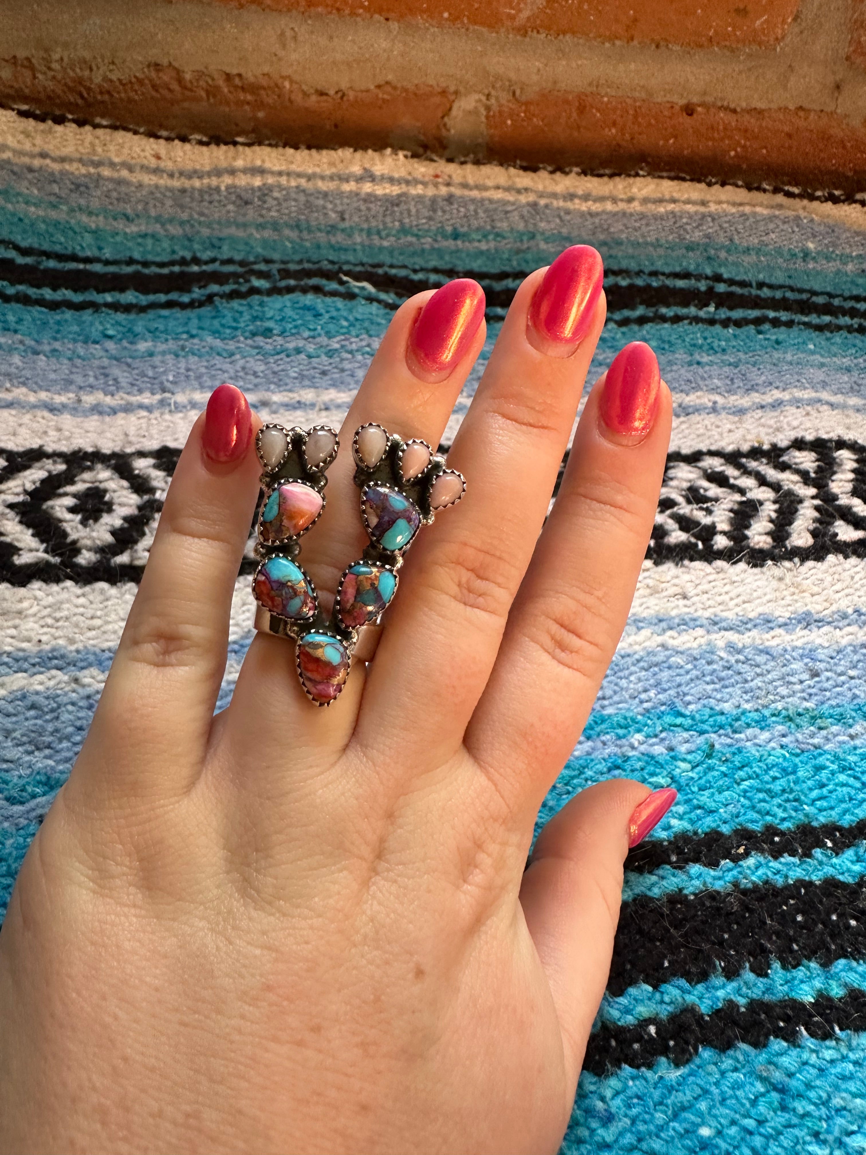 Handmade Sterling Silver Pink Dream Mojave & Pink Conch Cactus Adjustable Ring