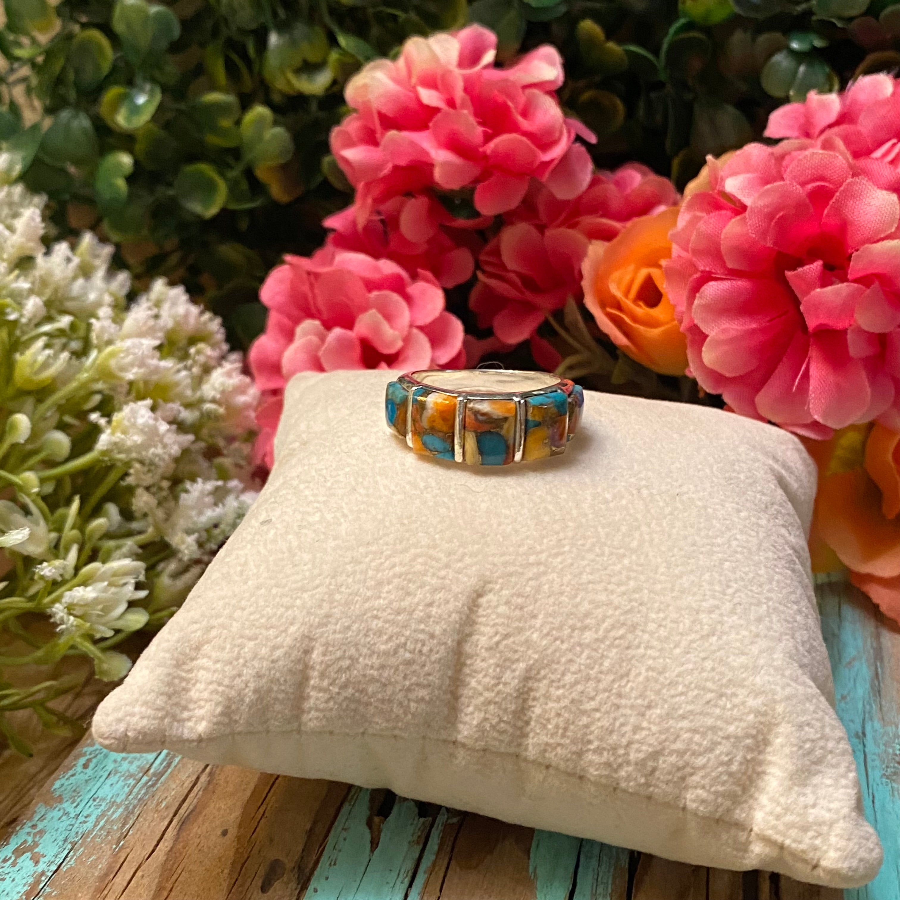 Sterling Silver Five Stone Orange Spiny Turquoise Ring Size 8.25