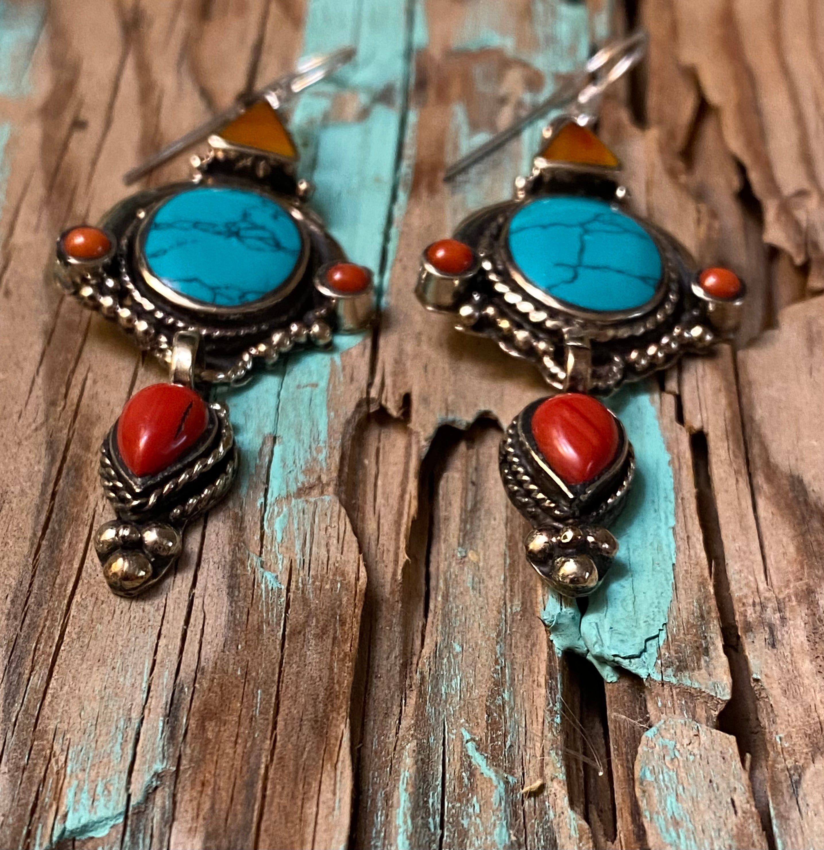 Silver Elegant Turquoise, Red Coral, & Orange Spiny Dangle Statement Earrings
