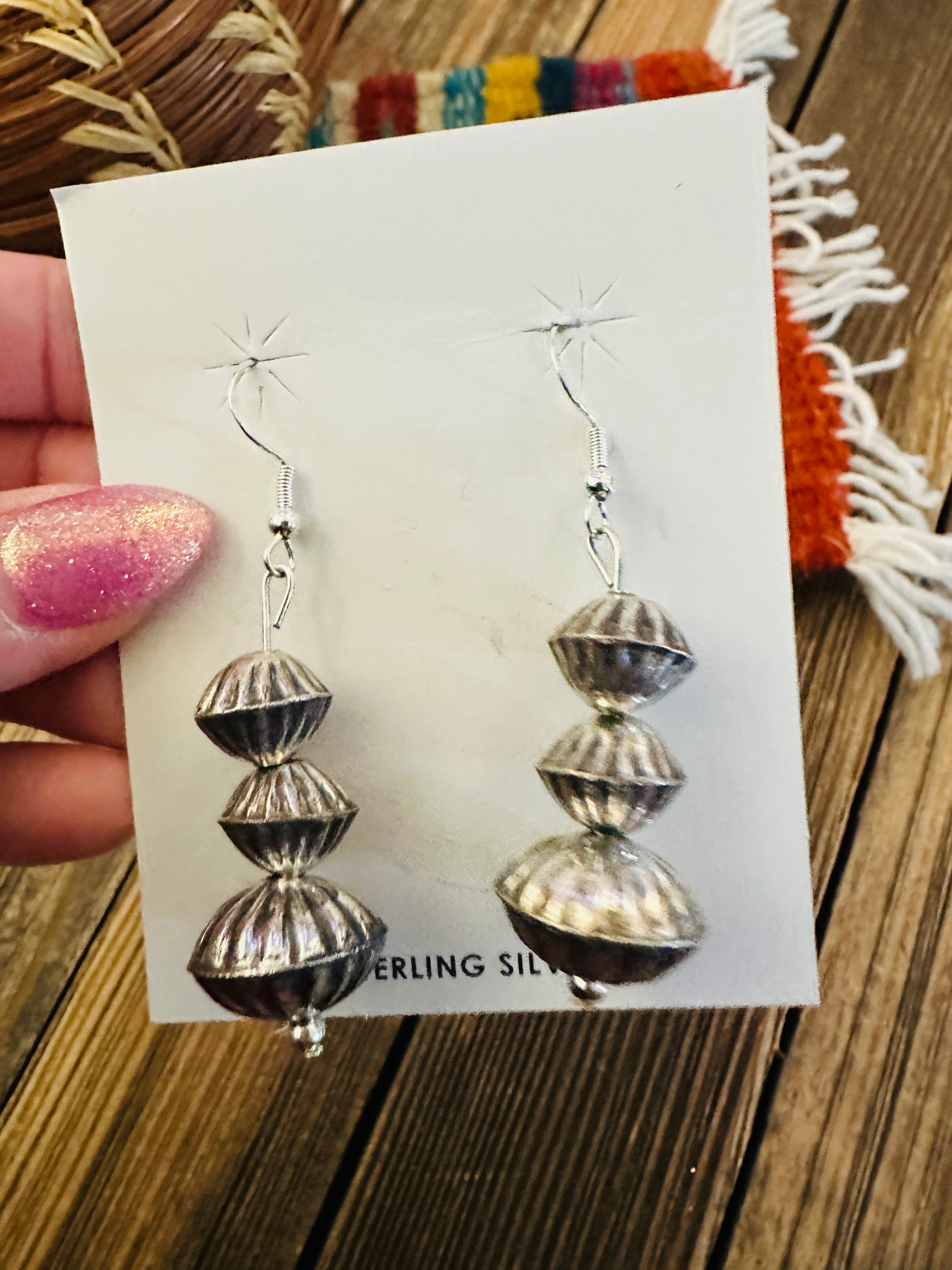 Hand Stamped Sterling Silver Beaded Dangle Earrings
