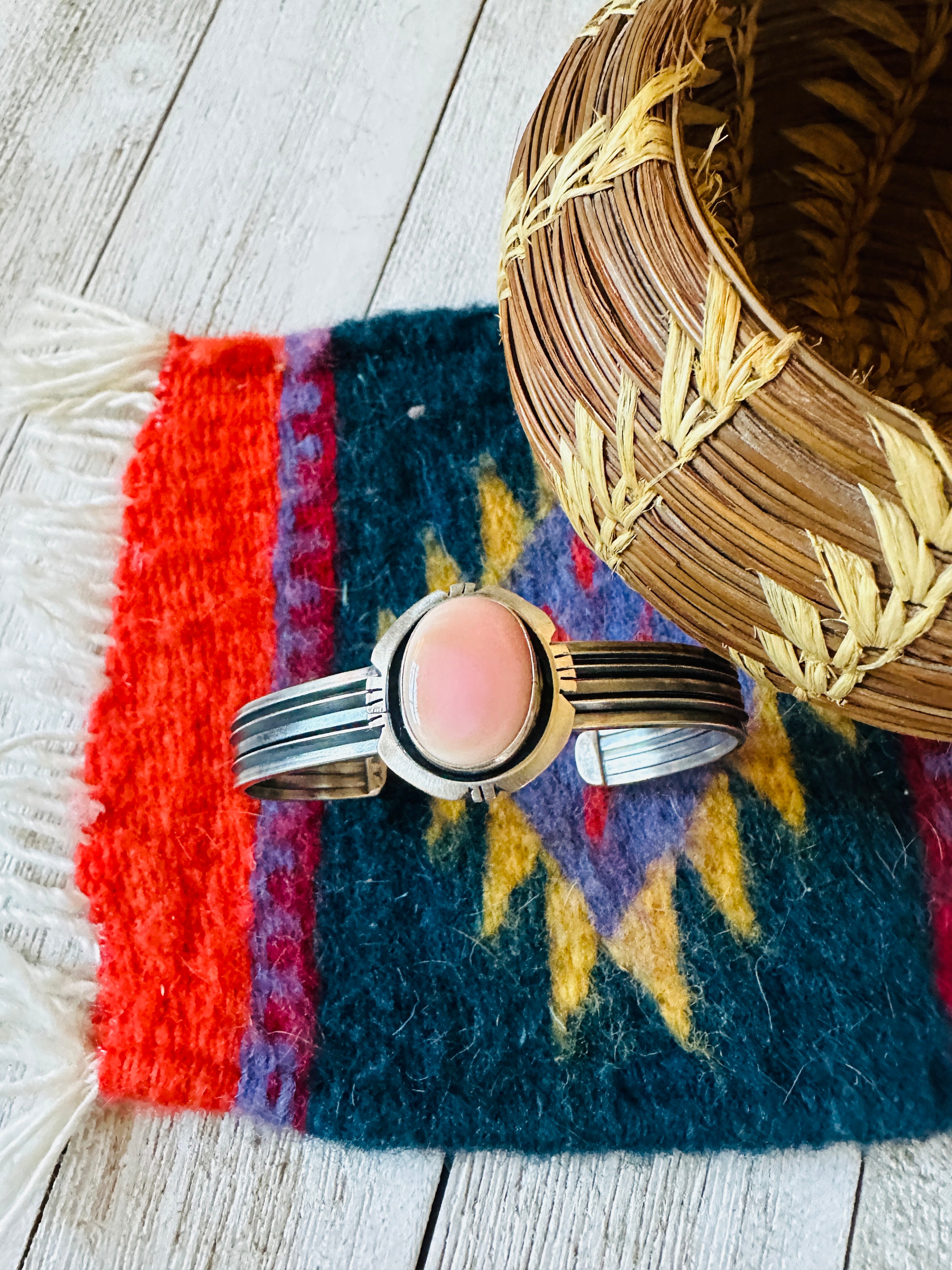 Navajo Queen Pink Conch Shell & Sterling Silver Cuff Bracelet