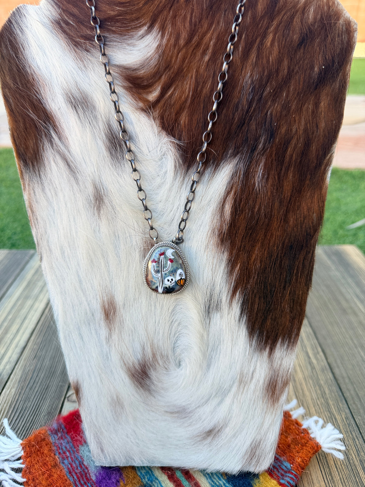 ~*Halloween Collection*~ Handmade Sterling Silver & Jasper Painted Cactus Necklace