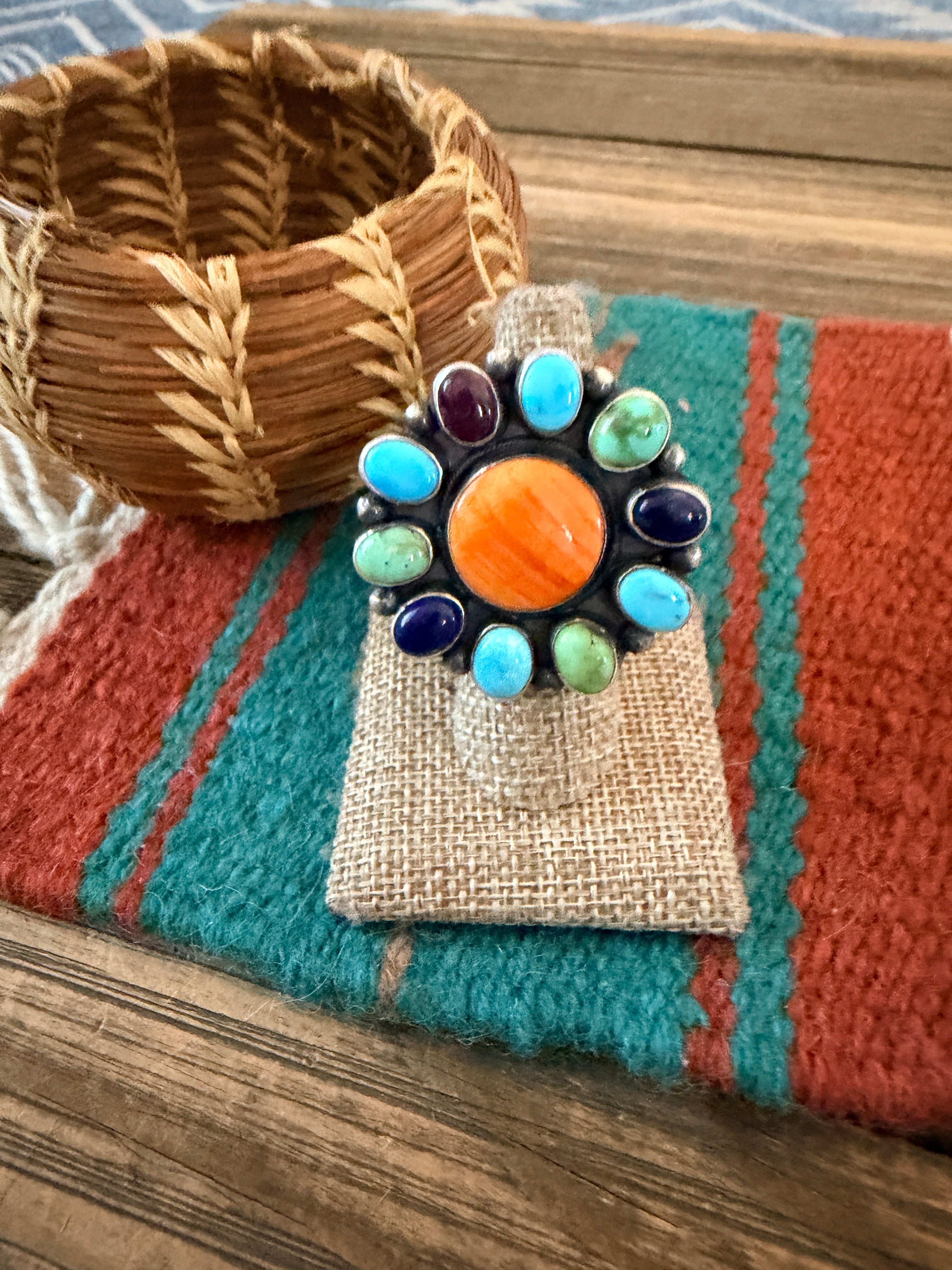 Handcrafted Multi Stone & Sterling Silver Cluster Adjustable Ring by Sheila Becenti
