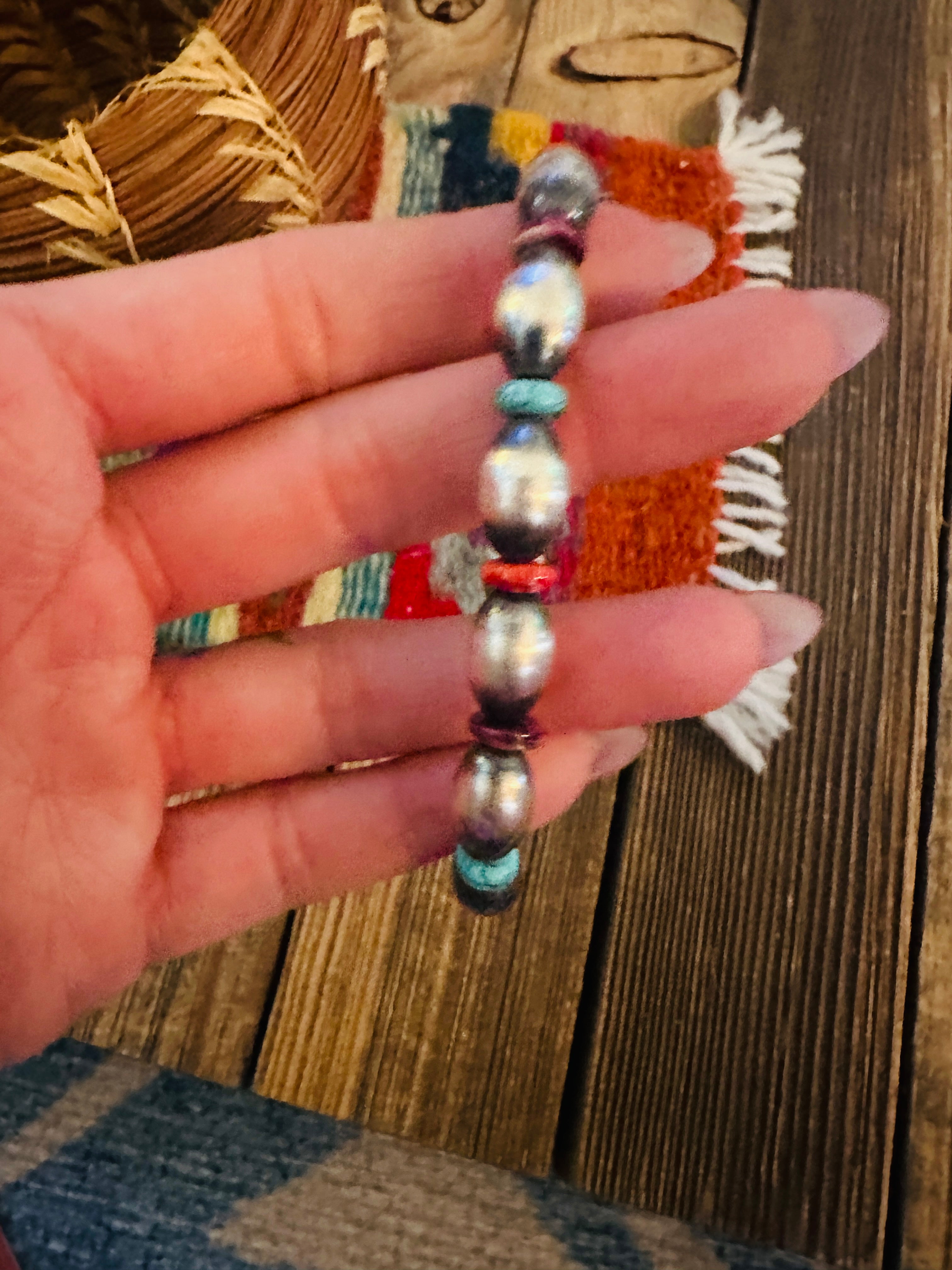 Handcrafed Turquoise, Spiny & Sterling Silver Pearl Beaded Stretch Bracelet