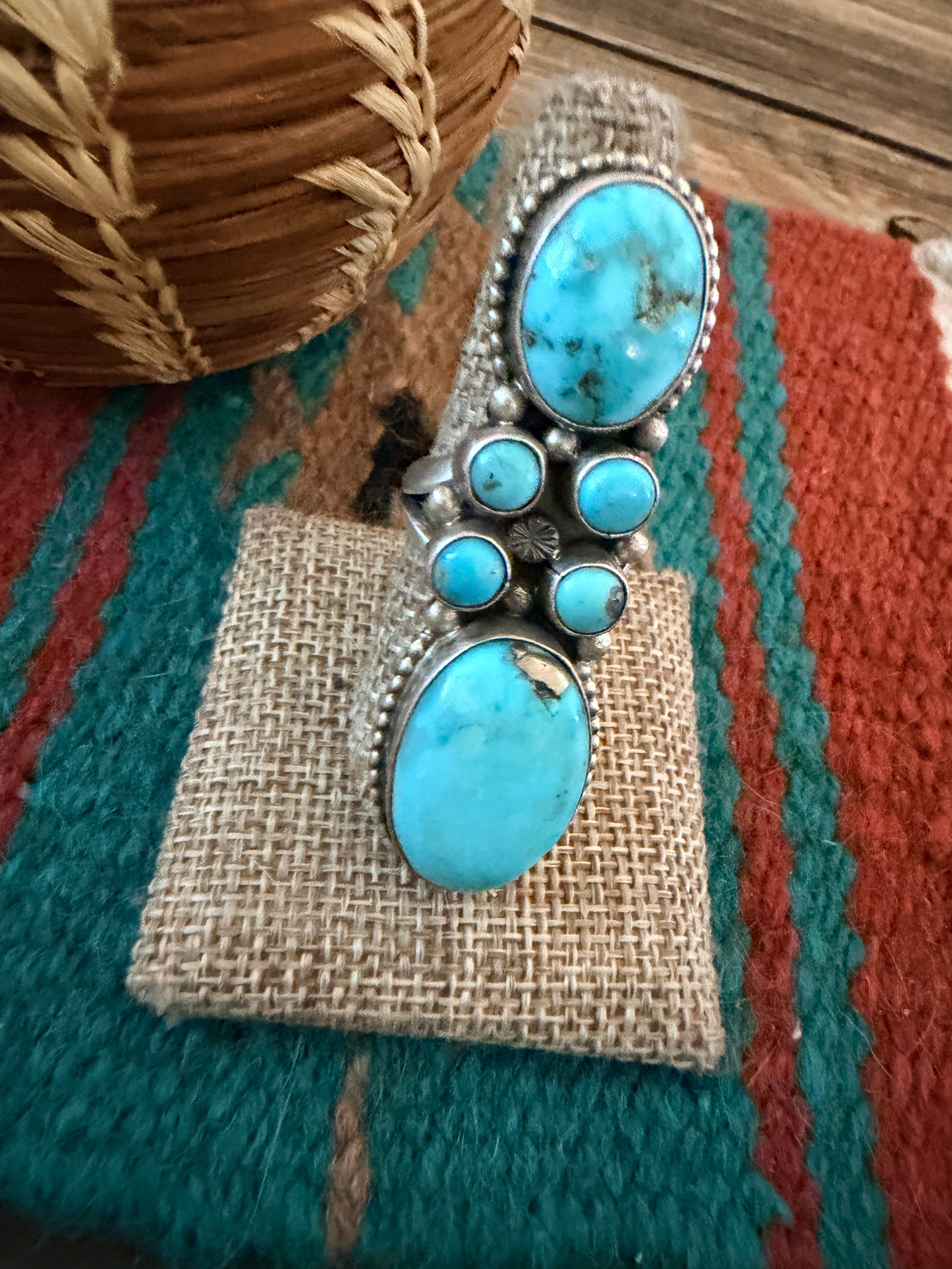 Handcrafted Kingman Turquoise & Sterling Silver Cluster Ring Size 8.5 by Sheila Becenti
