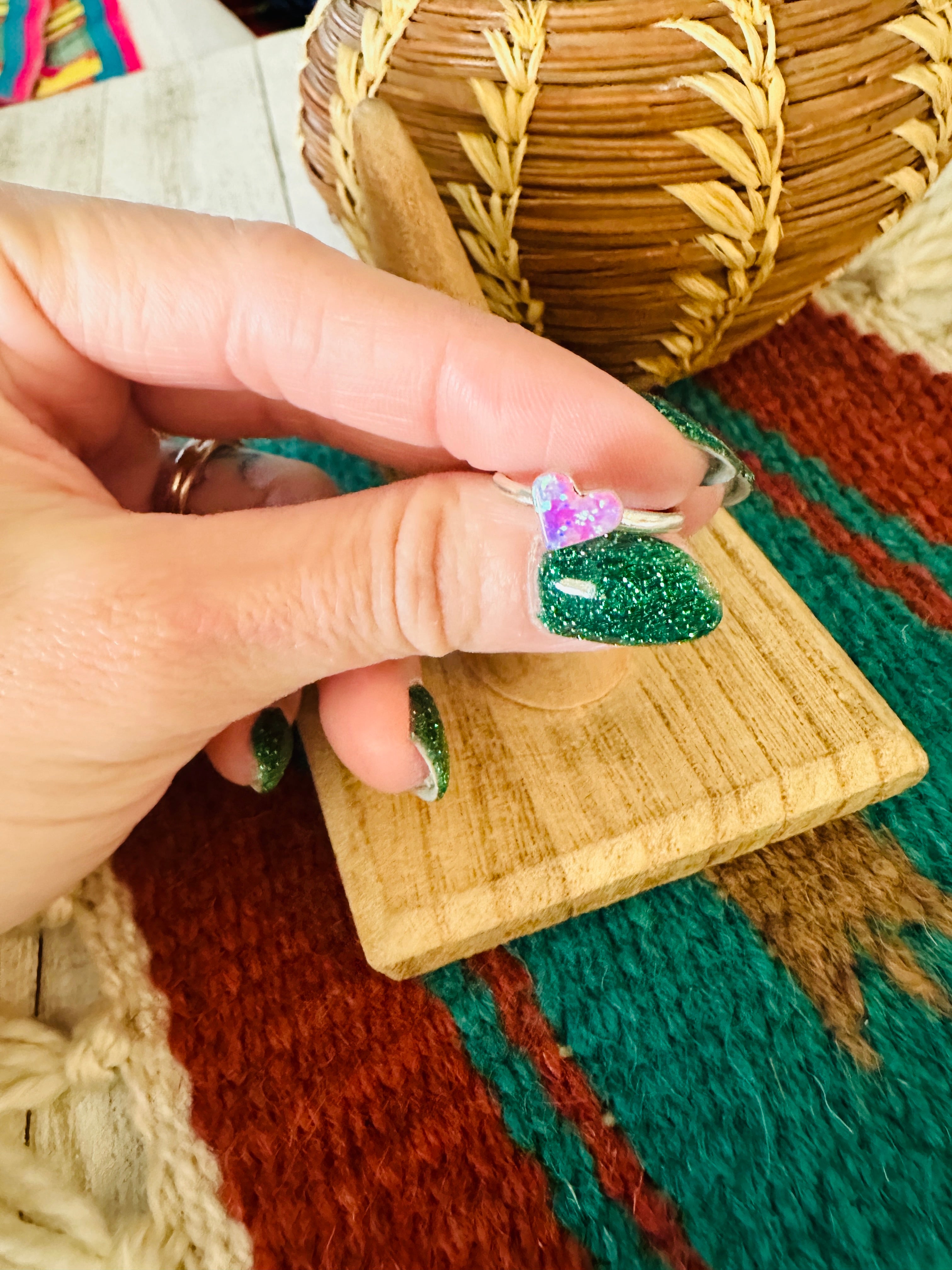 Zuni Sterling Silver & Pink Opal Heart Ring