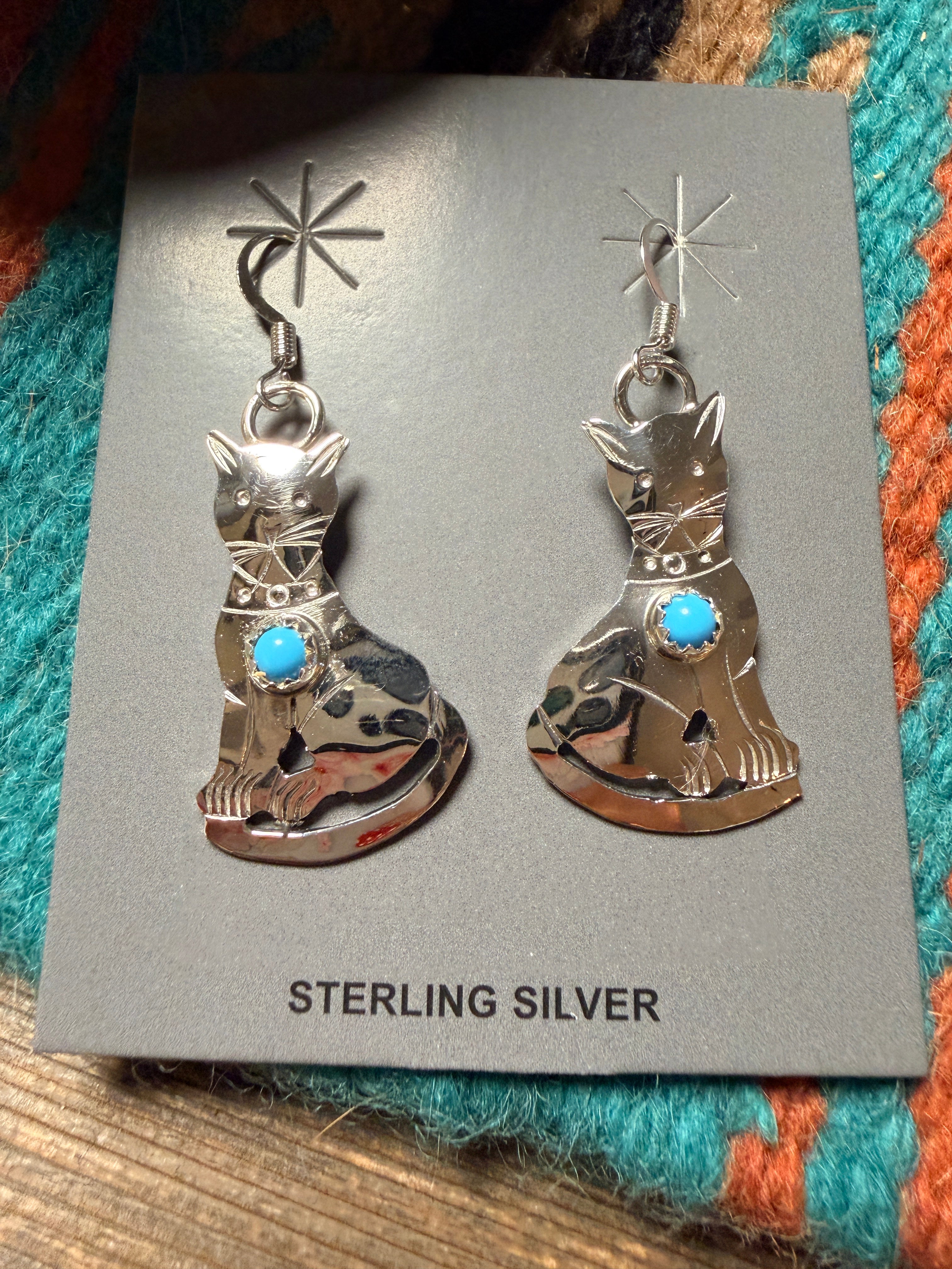 Handcrafted Turquoise & Sterling Silver Cat Dangle Earrings Signed