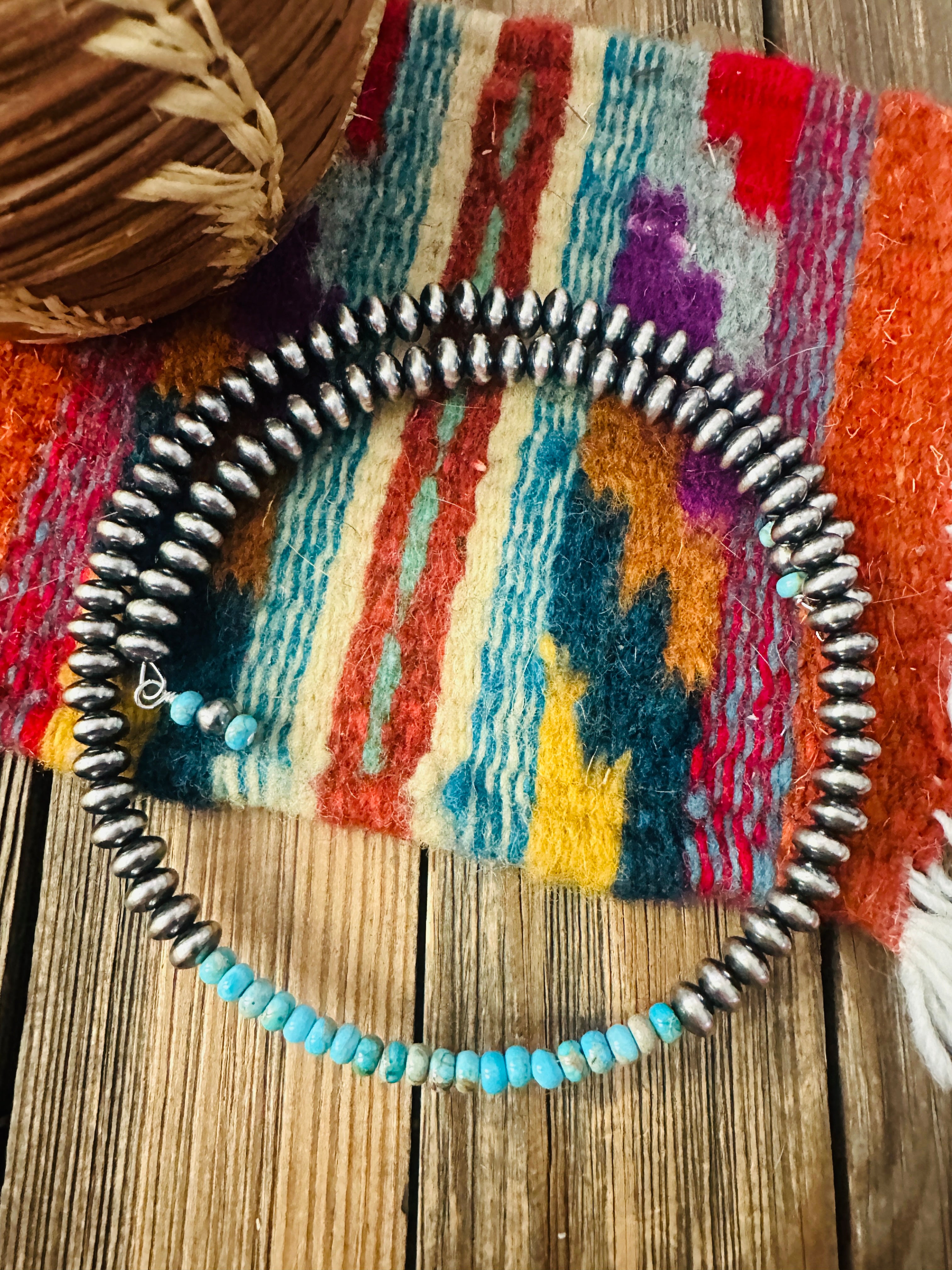 Handcrafted Turquoise & Sterling Silver Beaded Wrap Choker Necklace
