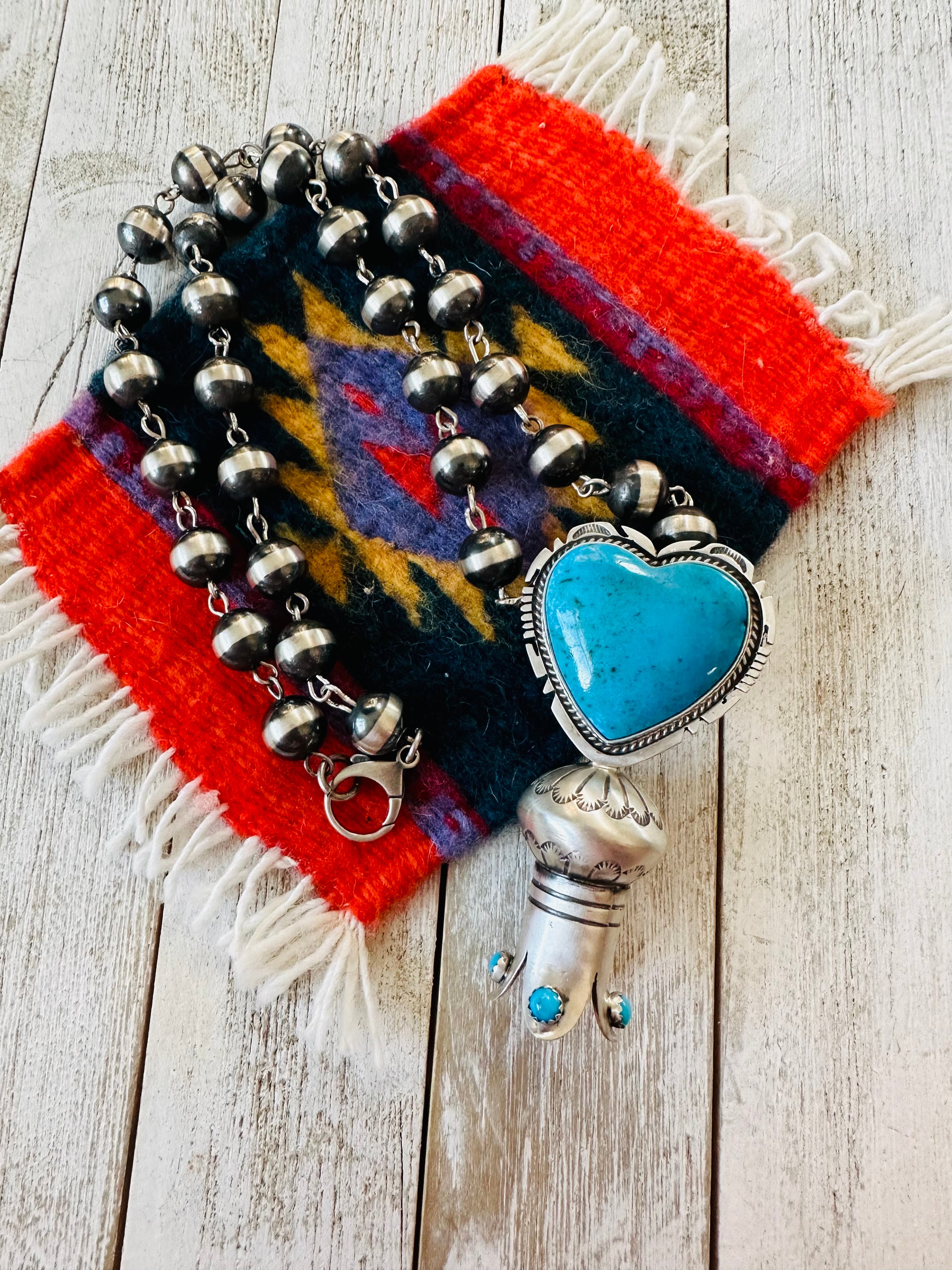 Navajo Sterling Silver & Turquoise Heart Blossom Beaded Necklace