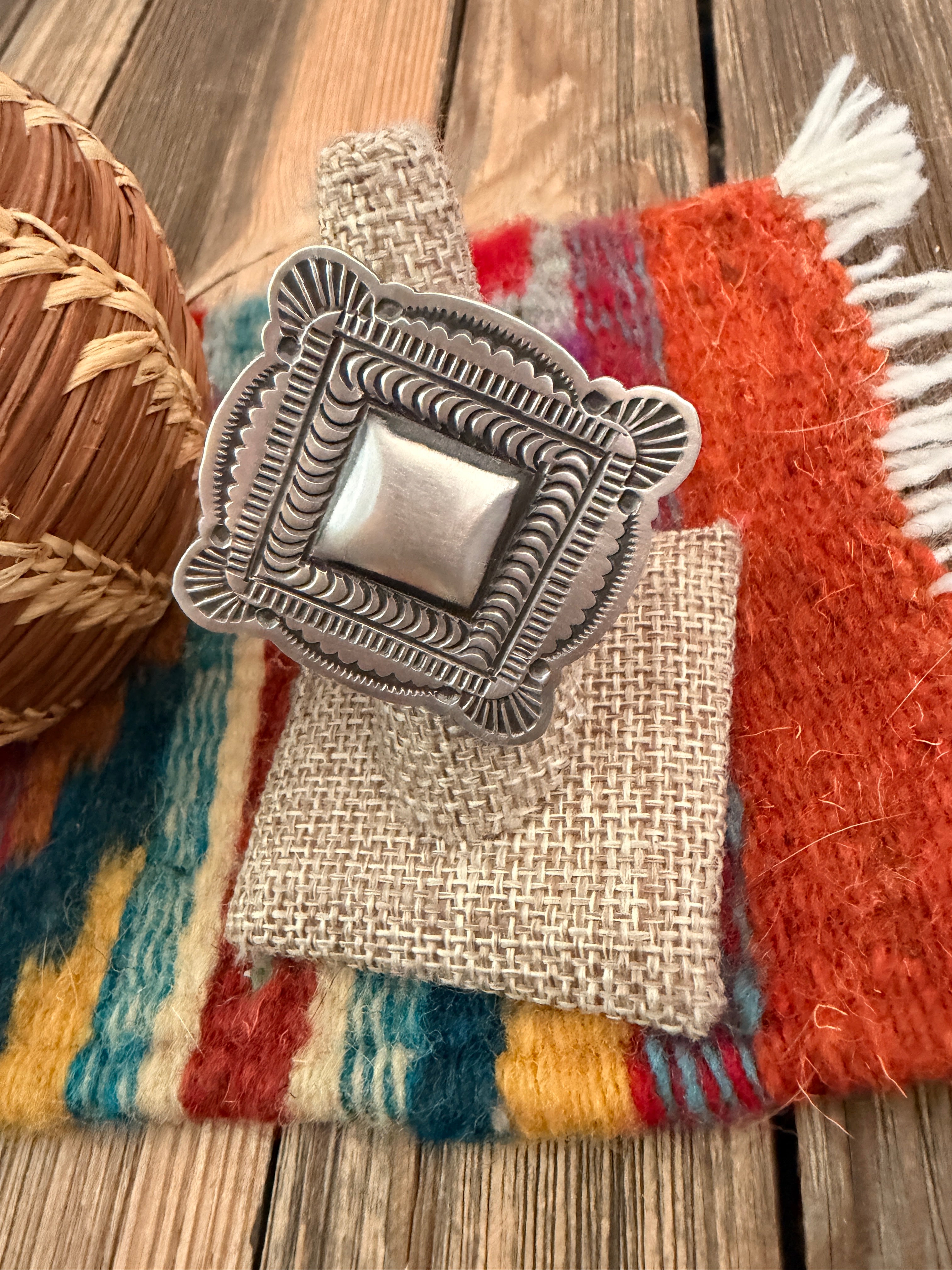 Handcrafted Sterling Silver Adjustable Concho Ring by Leander Tahe
