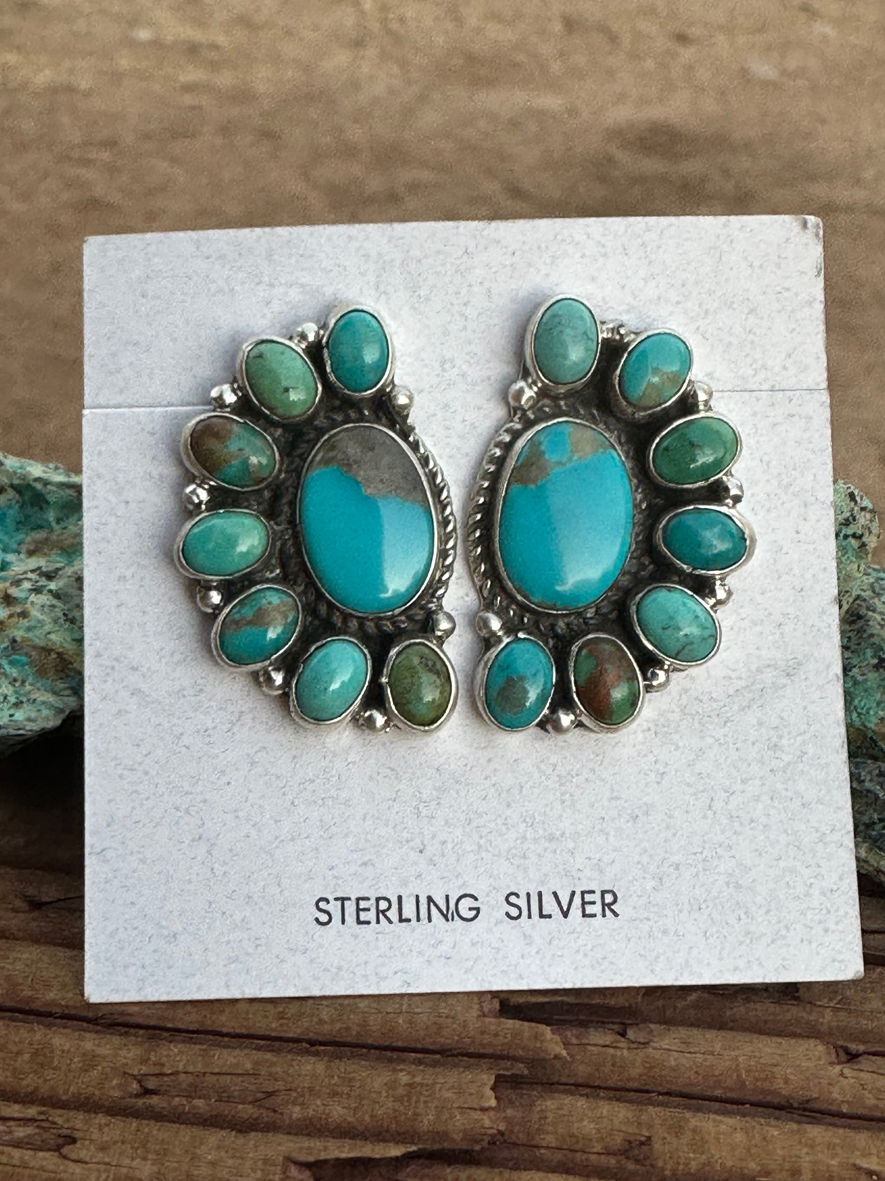 Navajo Geraldine James Turquoise Sterling Silver Cluster Stud Earrings