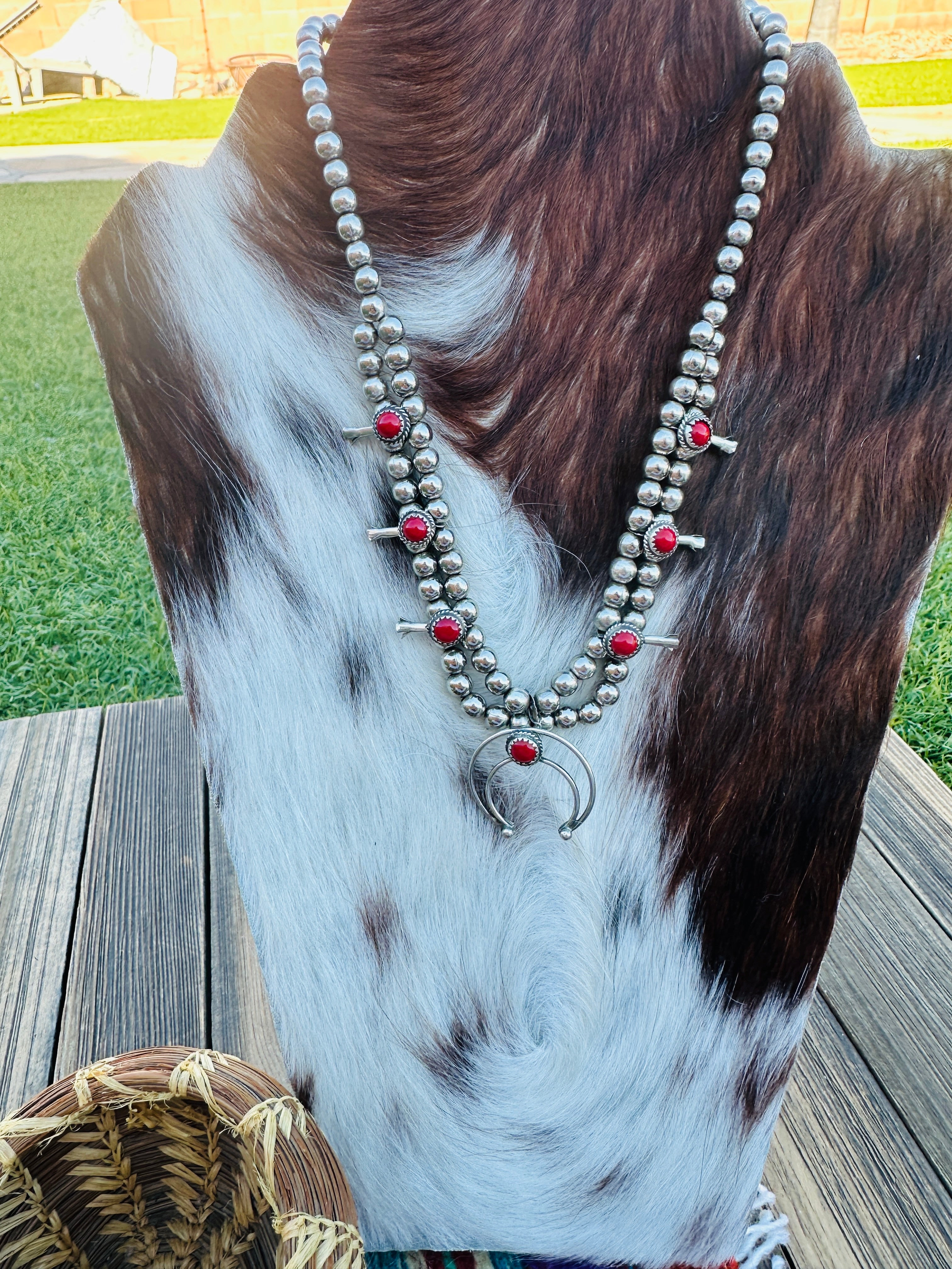 Old Pawn Handcrafted Coral, Nickel & Sterling Silver Squash Blossom Necklace