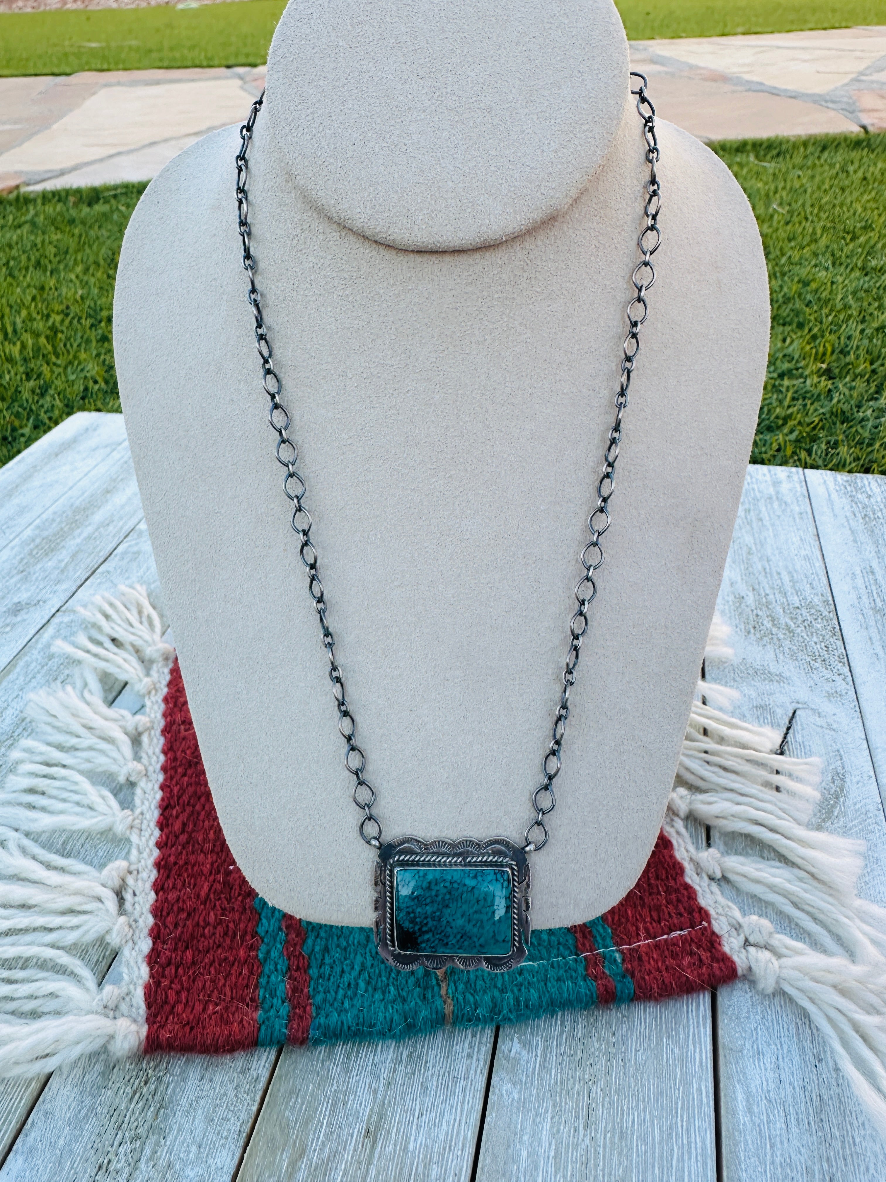 Handcrafted Sterling Silver 18” Link Chain & Turquoise Necklace