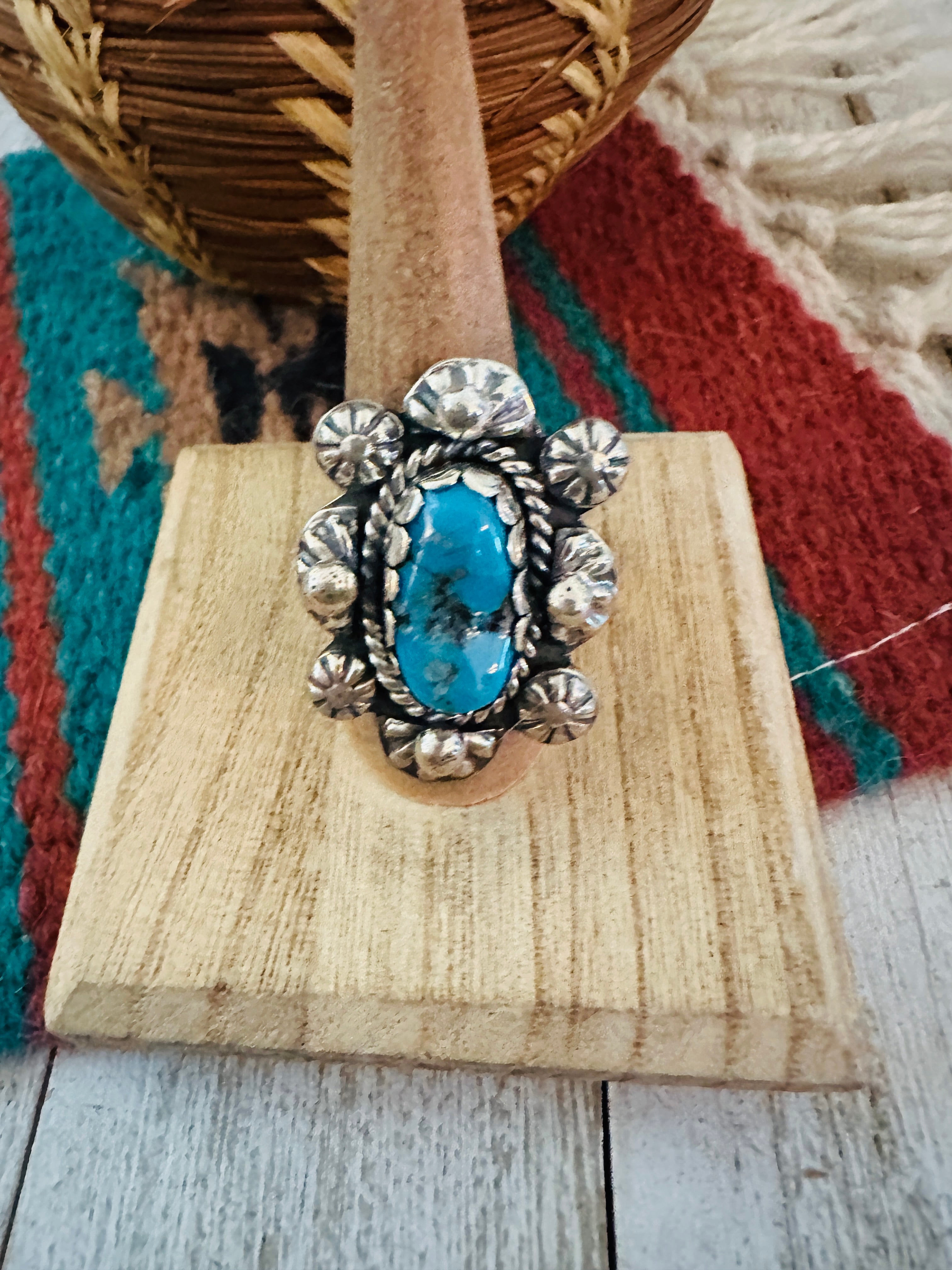 Navajo Sterling Silver & Kingman Turquoise Ring Size 11