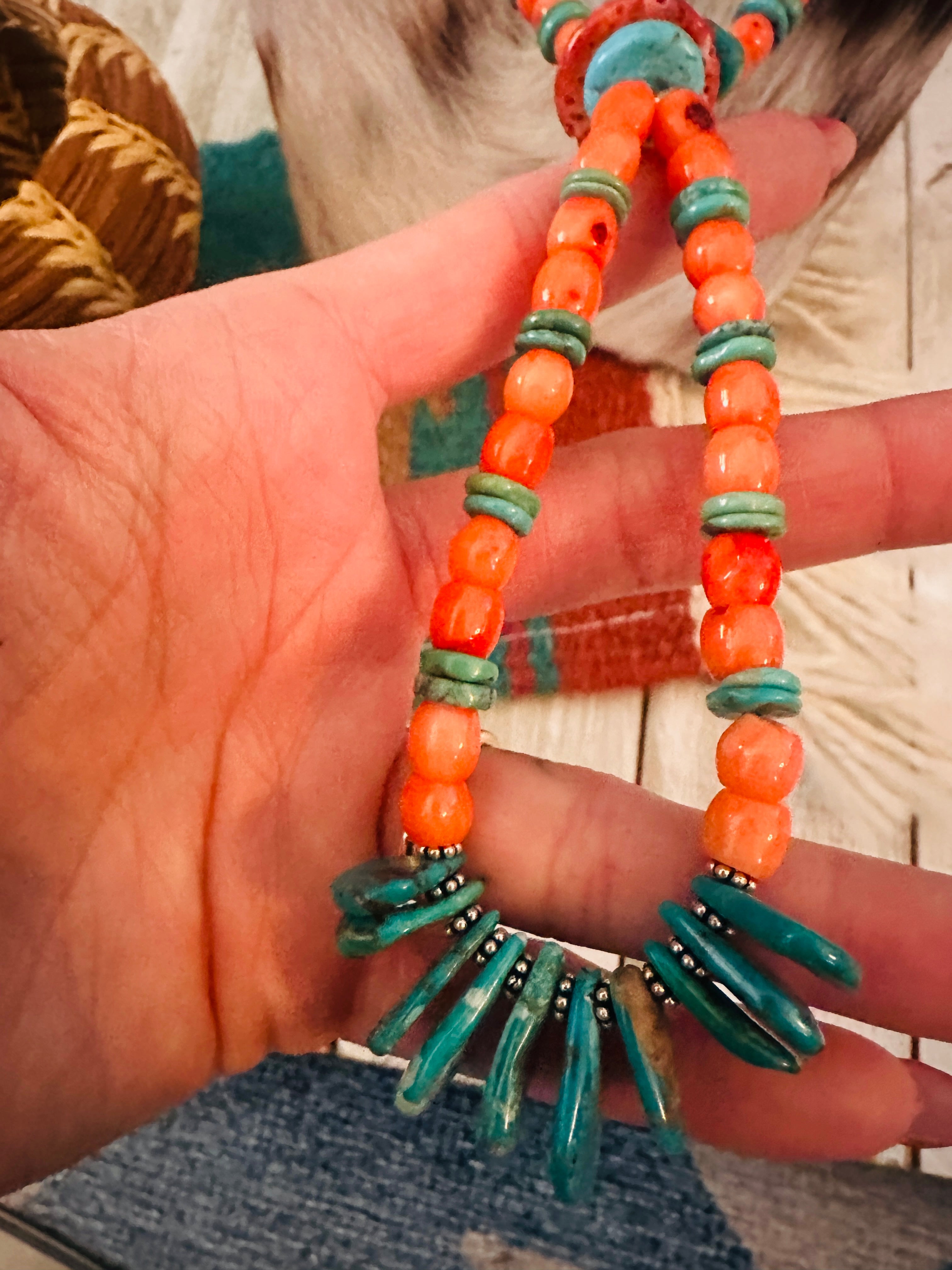 Handcrafted Spiny Oyster,  Turquoise & Sterling Silver Beaded Jacla Necklace