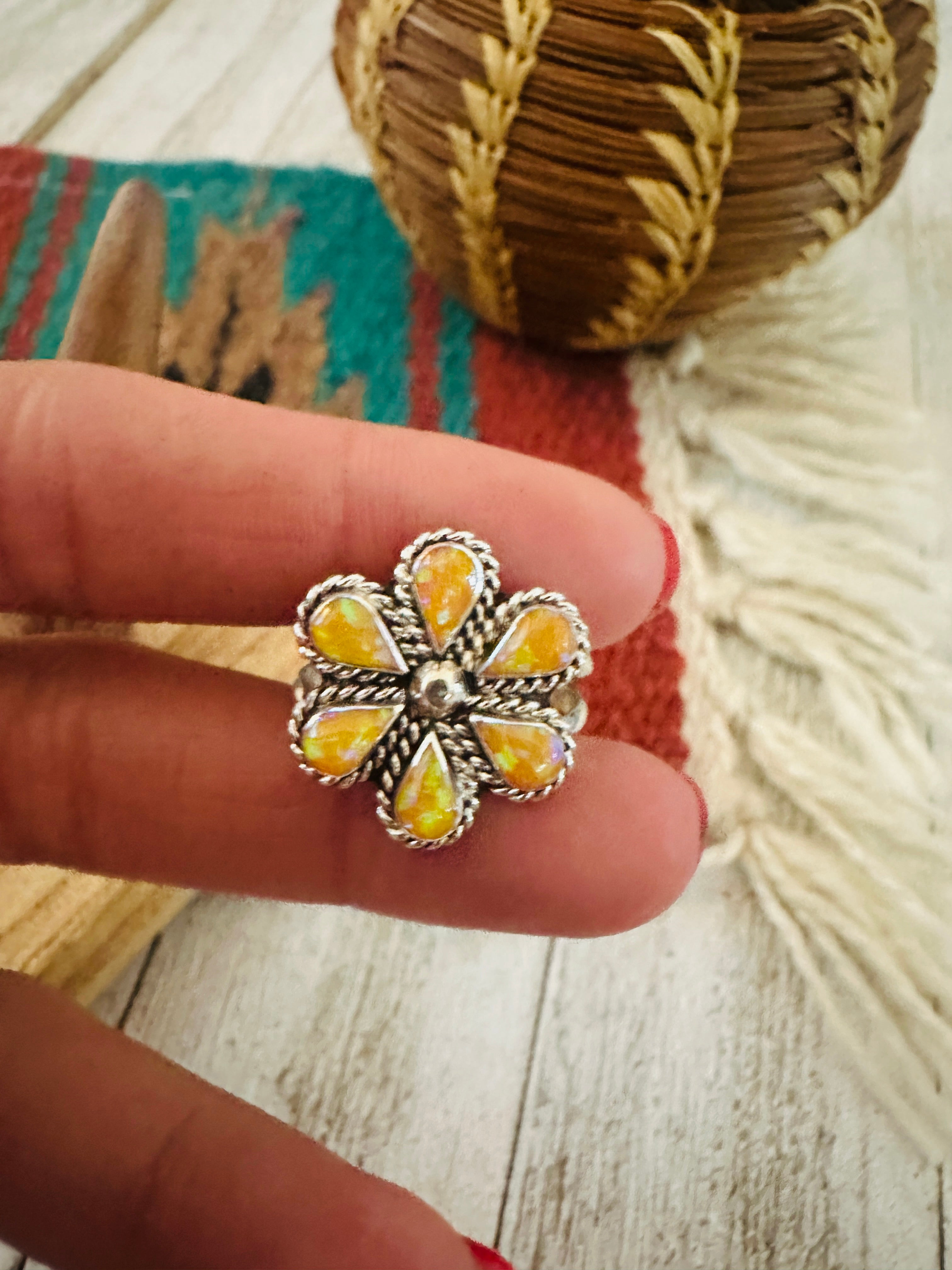 Zuni Sterling Silver & Yellow Opal Flower Ring Size 9