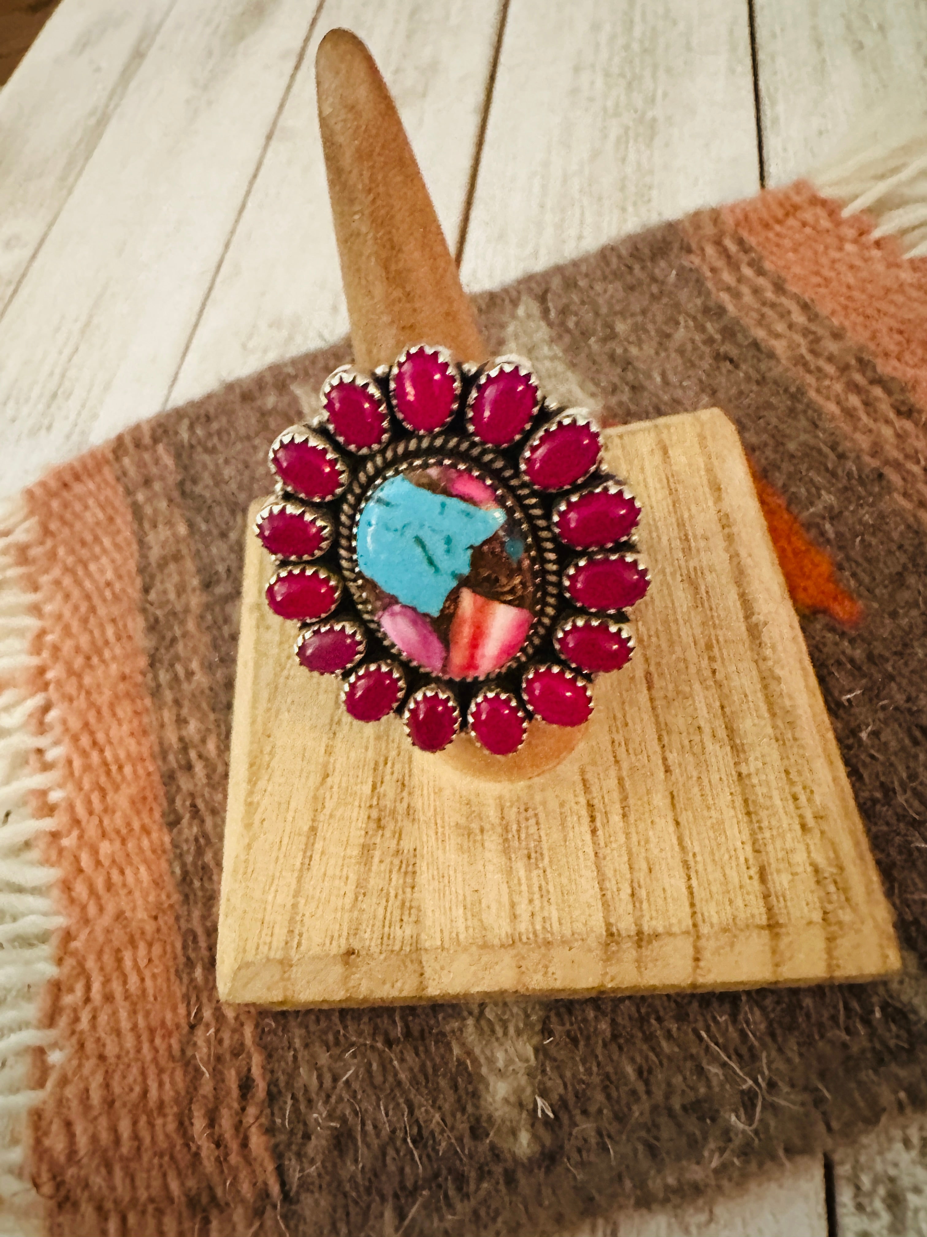 Handmade Sterling Silver, Pink Onyx & Pink Dream Cluster Adjustable Ring by Nizhoni