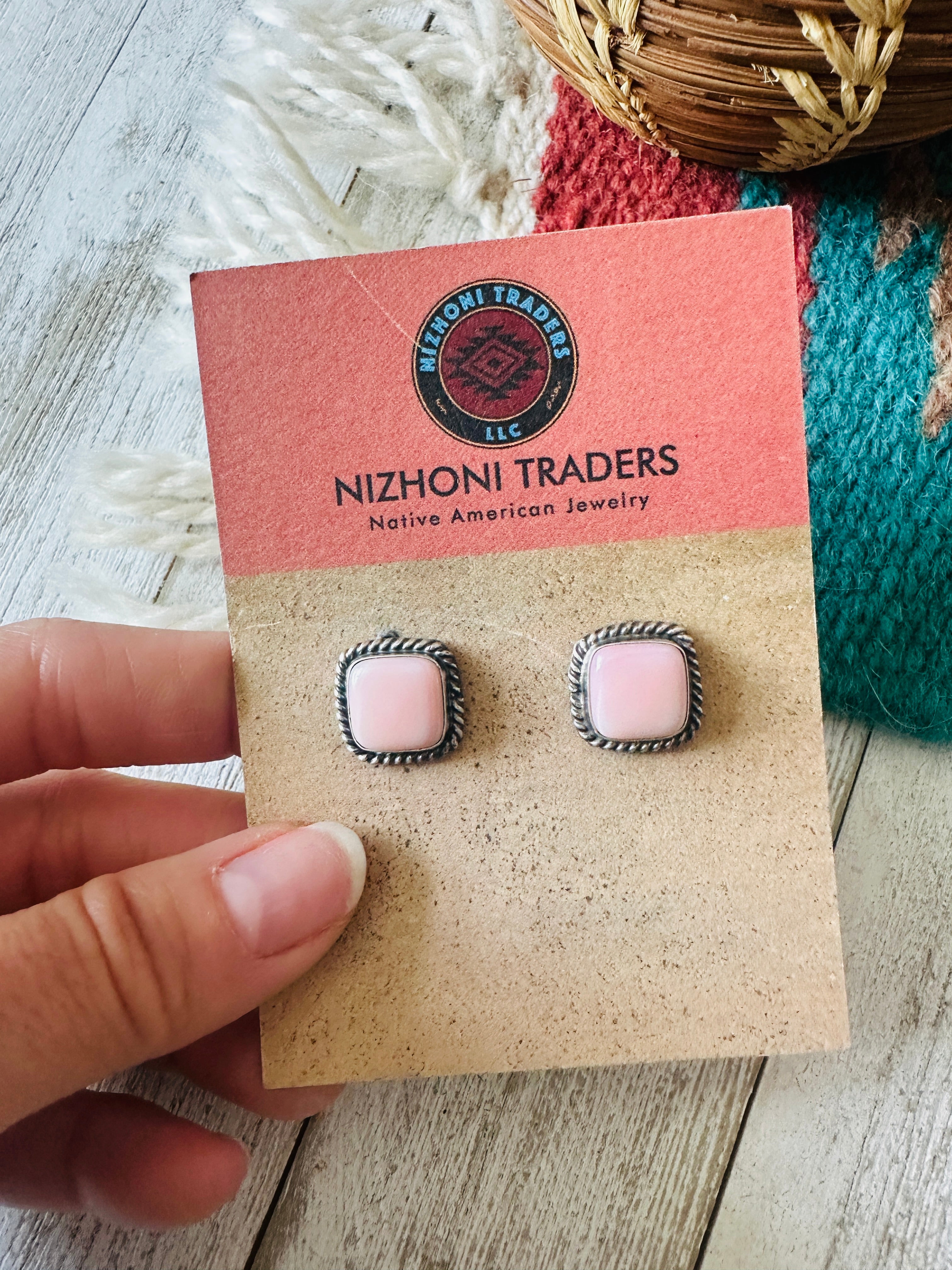 Navajo Sterling Silver & Queen Pink Conch Square Stud Earrings