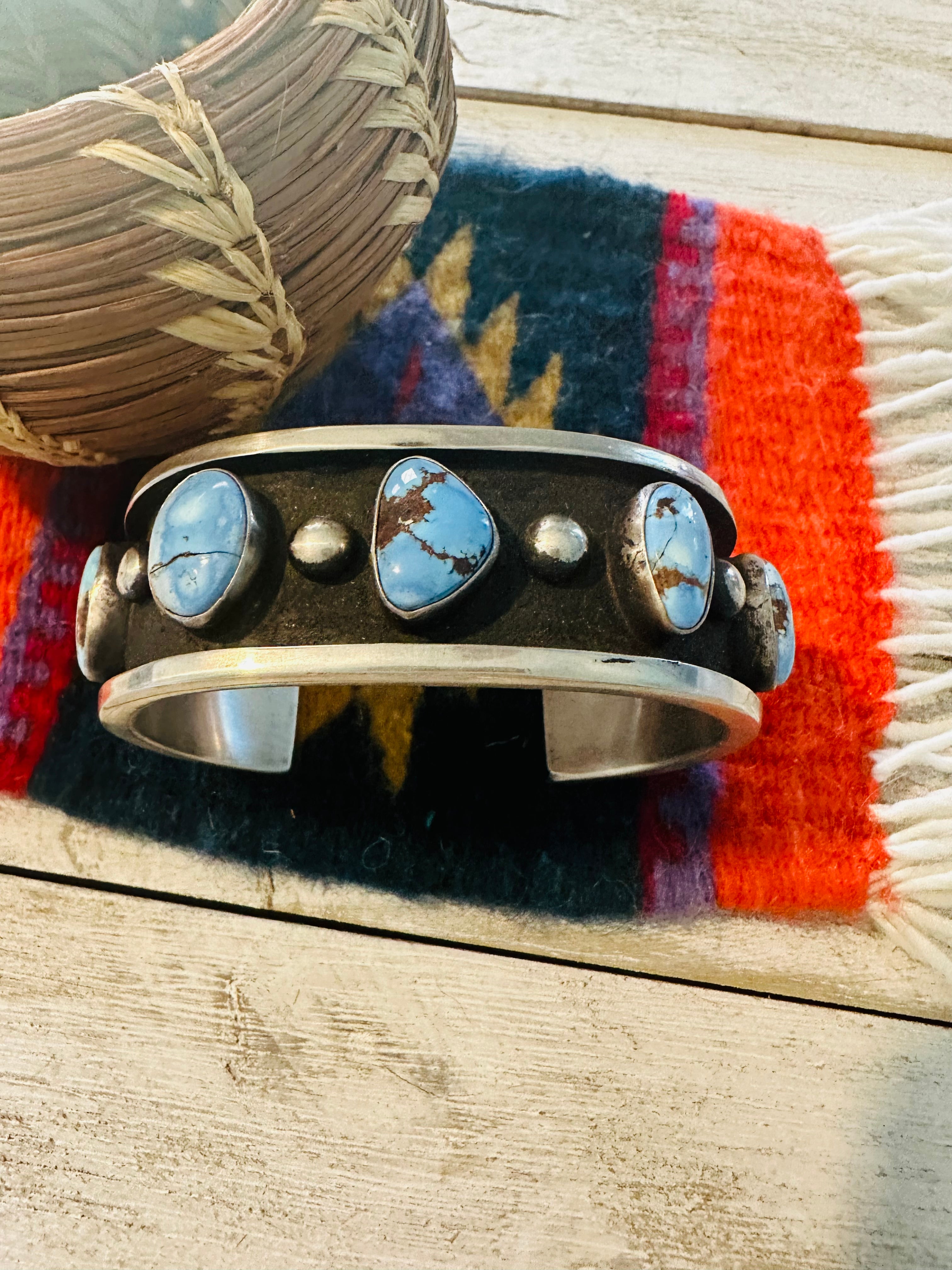 Navajo Golden Hills Turquoise & Sterling Silver Shadowbox Cuff Bracelet