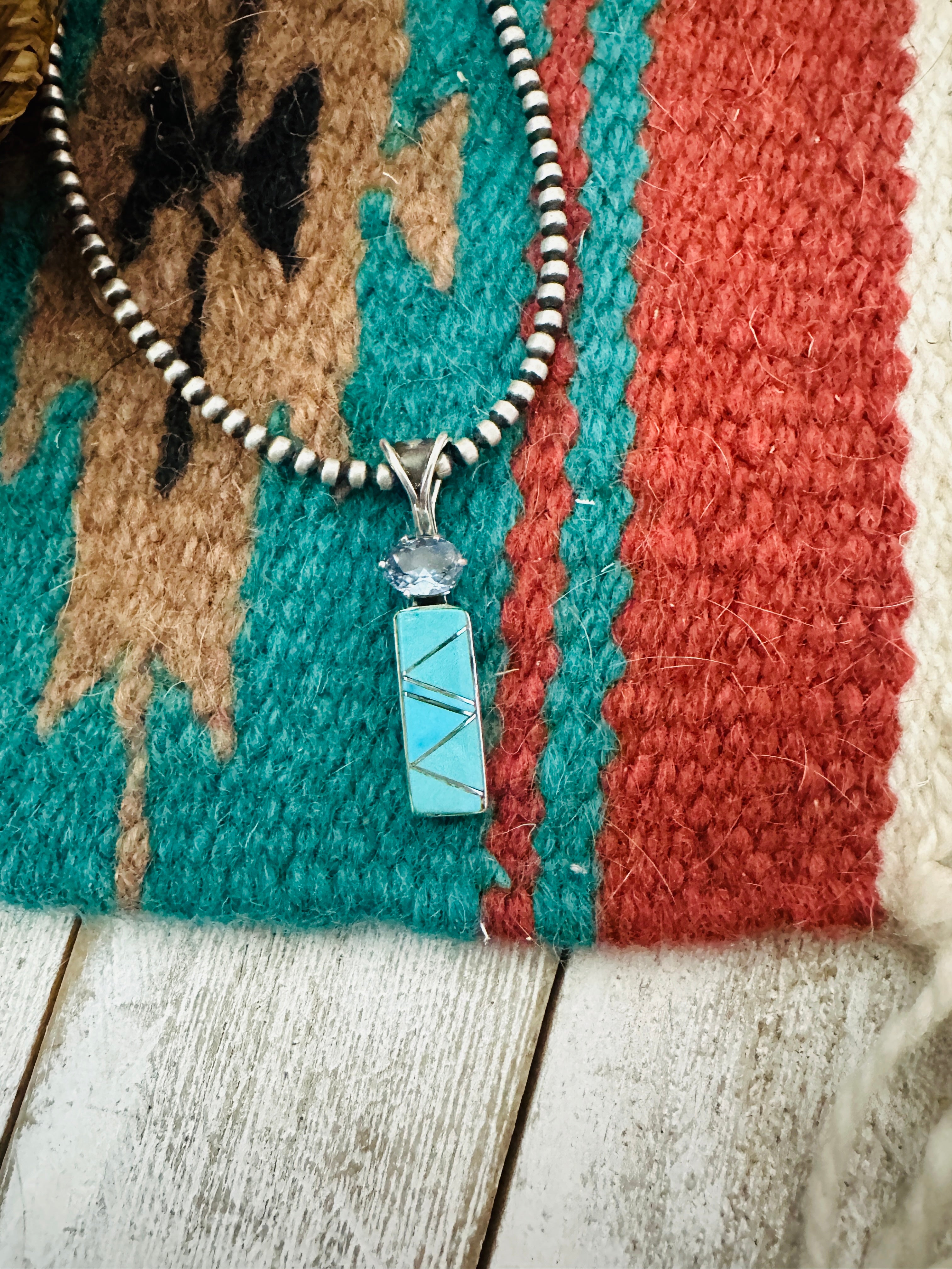 Navajo Turquoise, Aquamarine & Sterling Silver Inlay Pendant