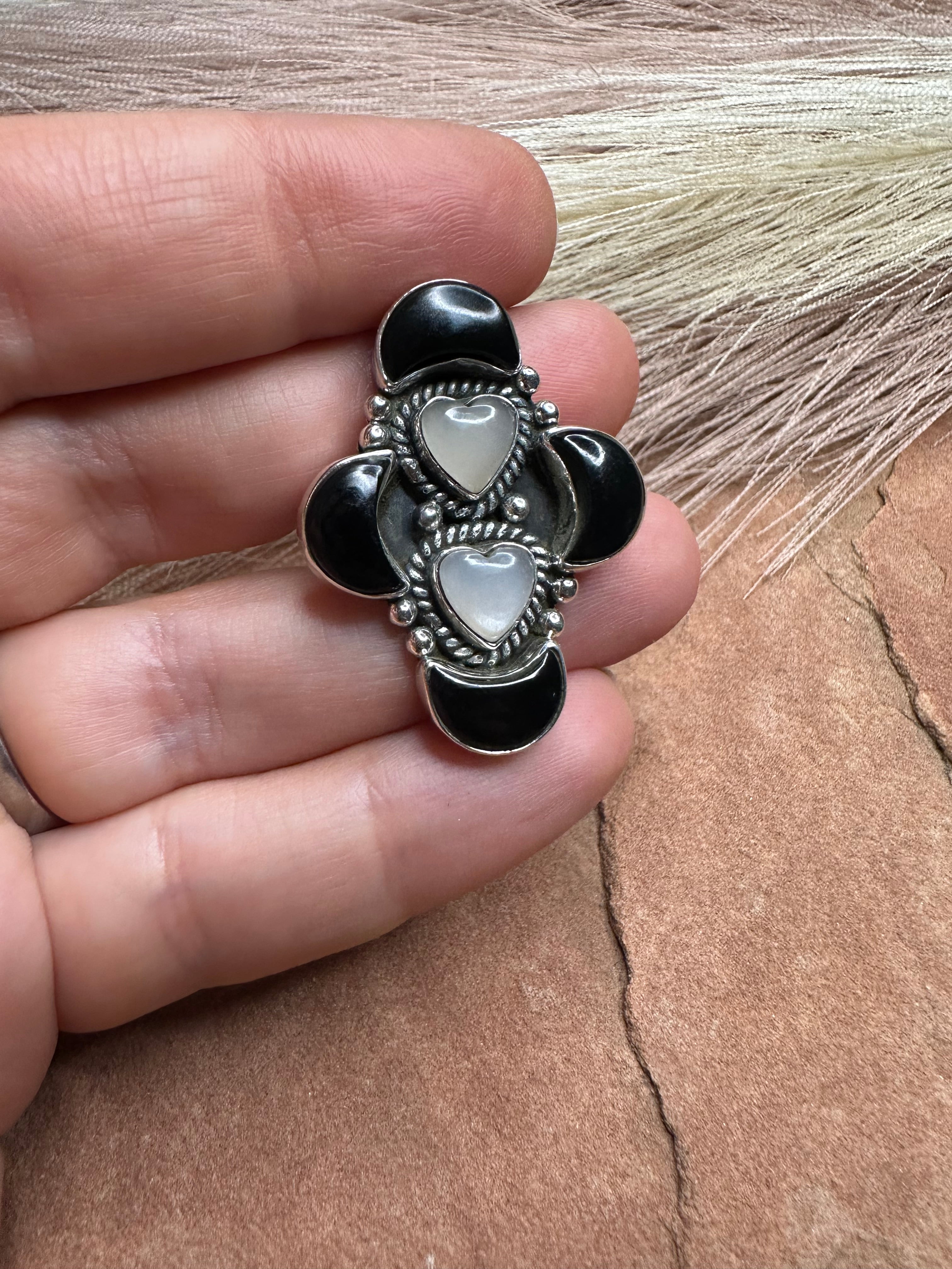 Beautiful Handmade Mother of Pearl, Onyx And Sterling Silver Adjustable Heart Ring