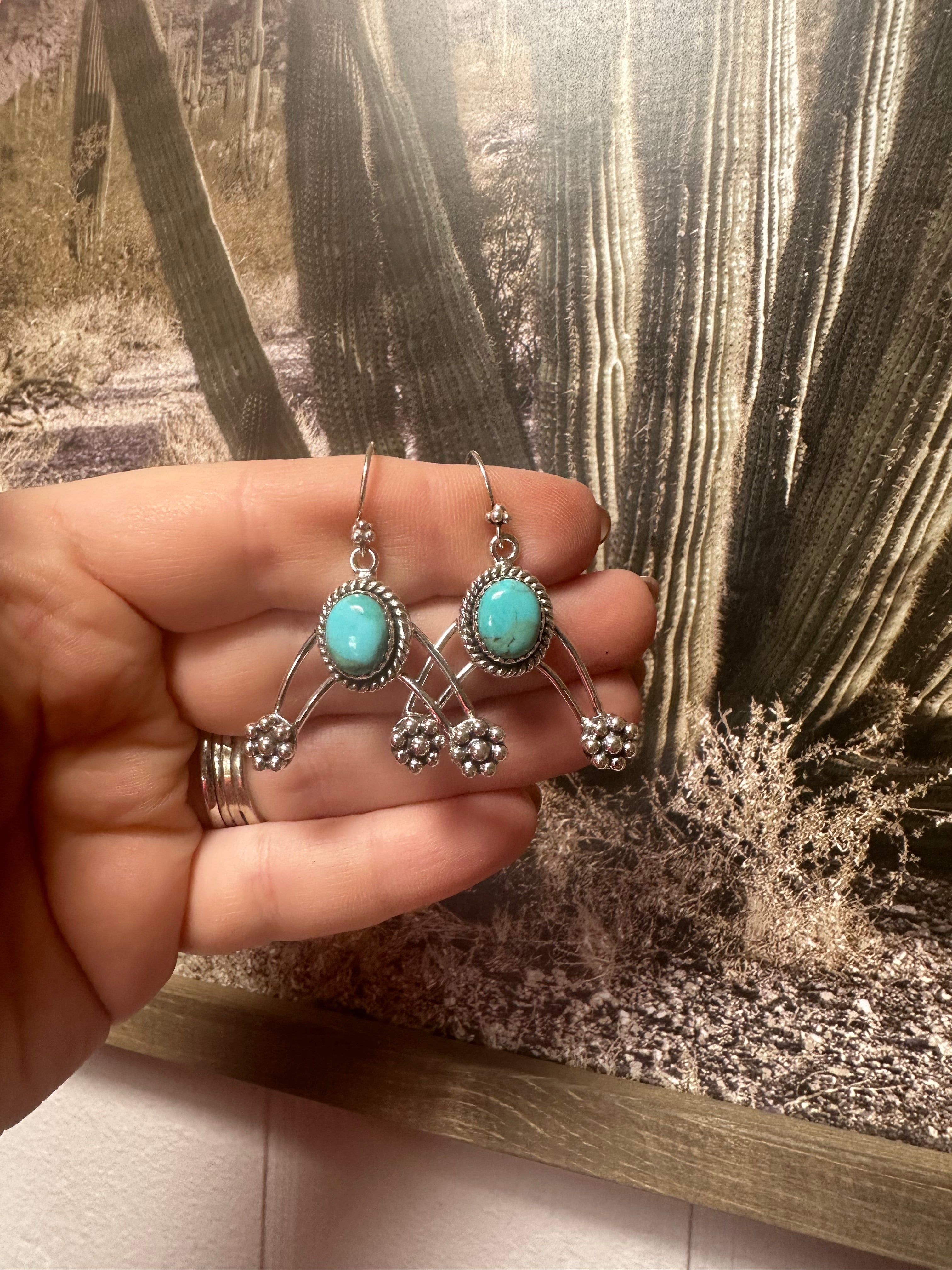 Gorgeous Natural Turquoise and Sterling Silver Wire Dangles Signed Nizhoni