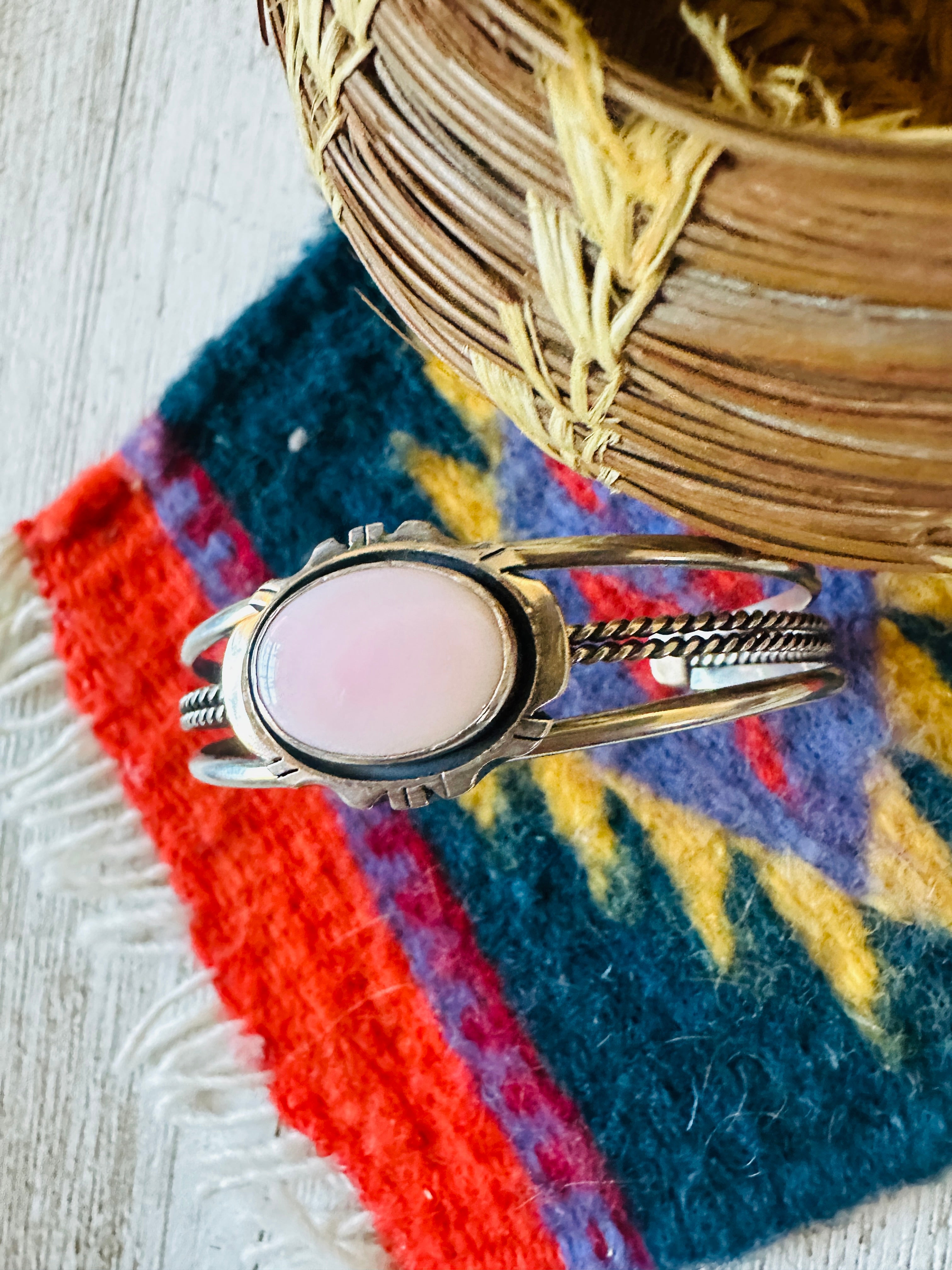 Navajo Queen Pink Conch Shell & Sterling Silver Cuff Bracelet