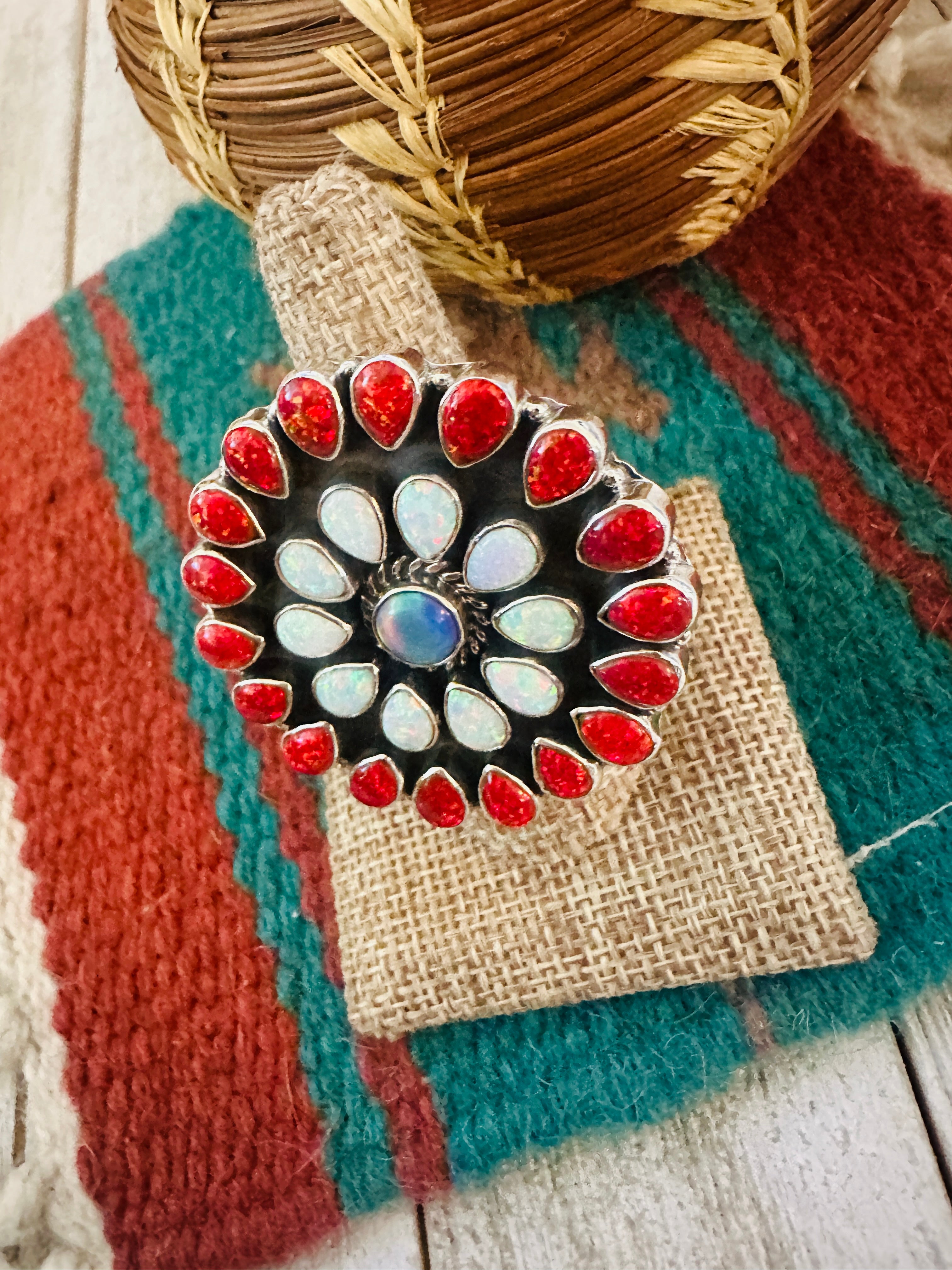 ** Christmas Collection ** Handmade Sterling Silver, Coral & Opal Adjustable Ring Signed Nizhoni