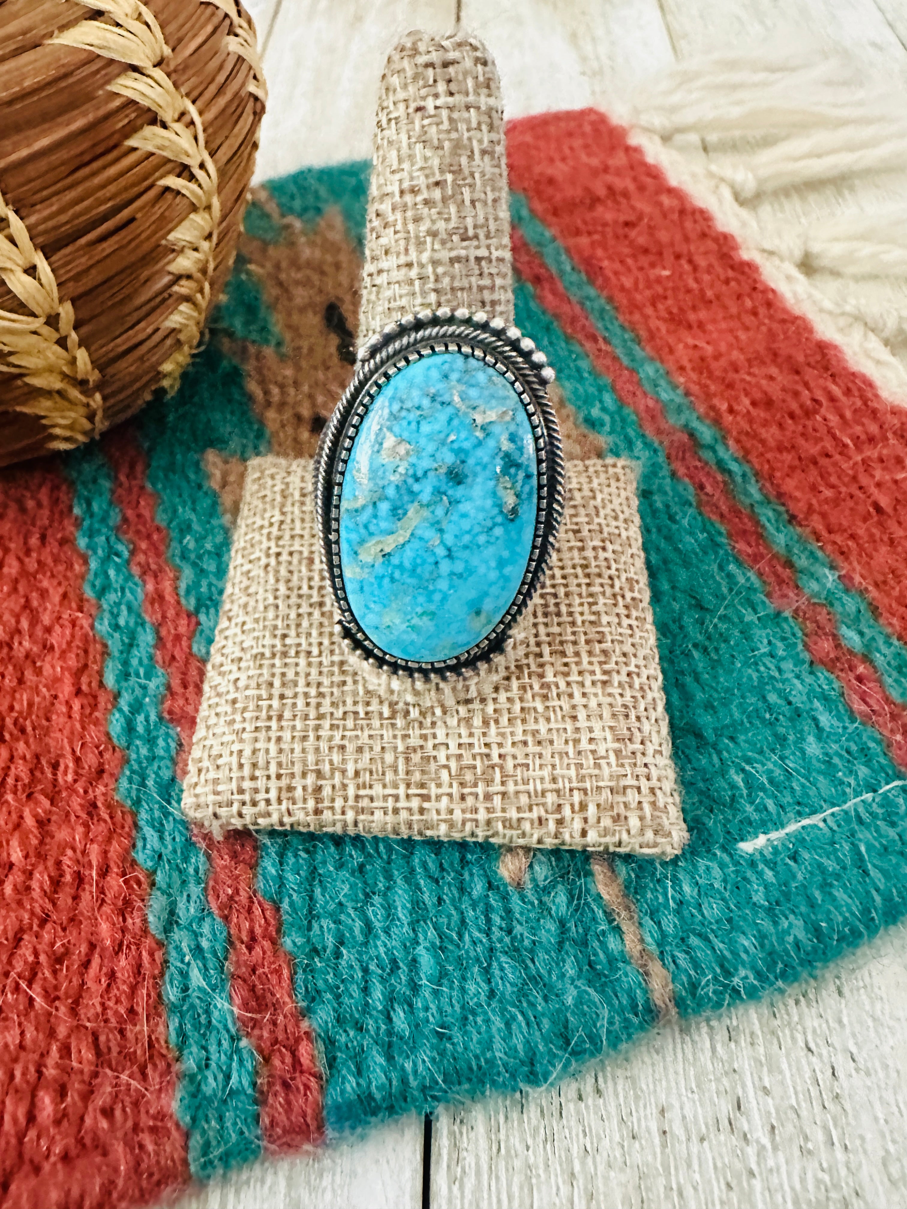 Old Pawn Handcrafted Turquoise & Sterling Silver Ring Size 12